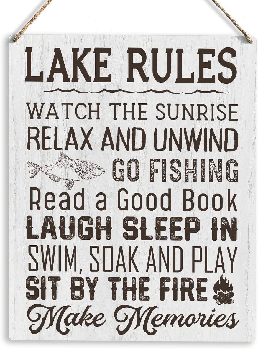 Lake Rules Artwork Wood Sign Rustic Farmhouse Style Watch the Sunrise Swim Soak and Play Wooden Sign Plaque Summer Home Outdoor Decor for Presents 12x8 Inch