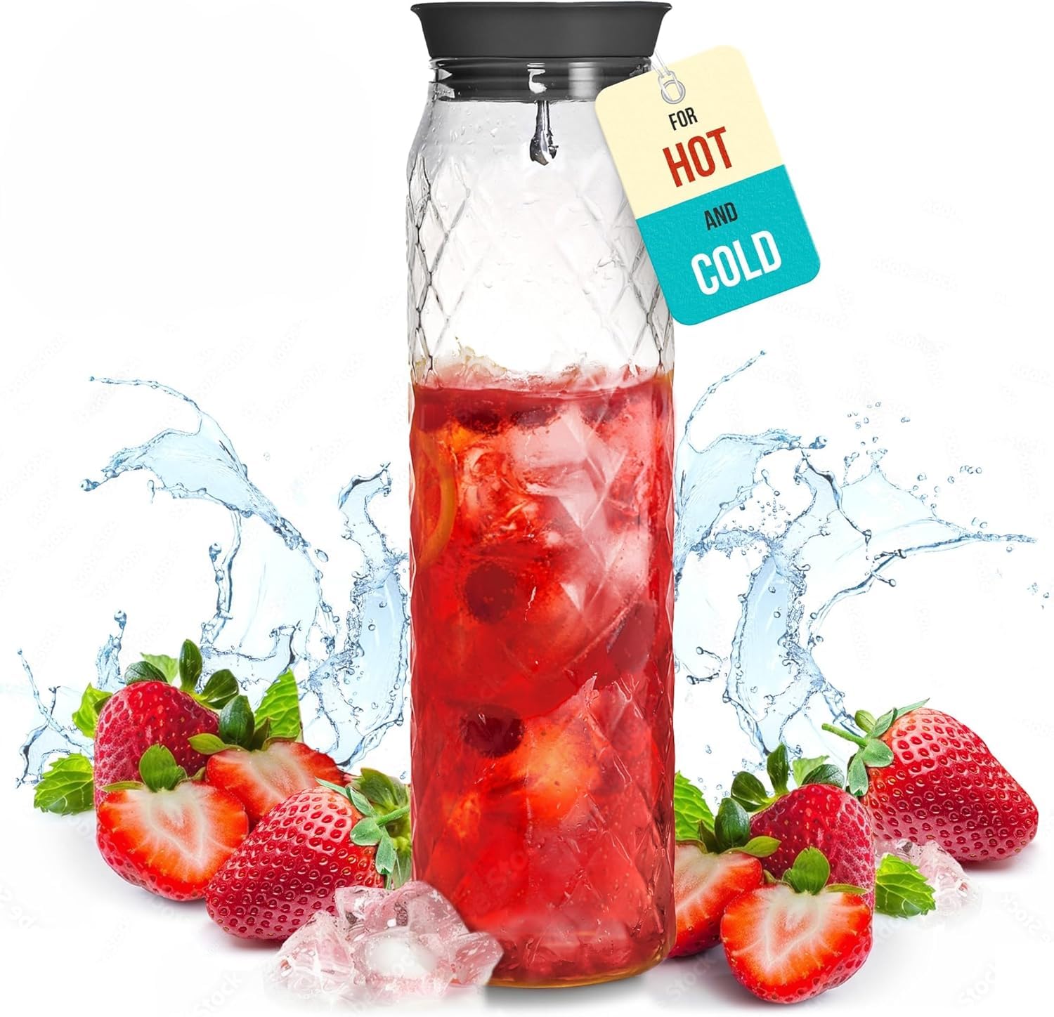 Brocca in vetro borosilicato premium - 1,2litri, vetro borosilicato - Caraffa per acqua con coperchio - per bevande calde/fredde - Brocca per latte - Brocca per tè freddo