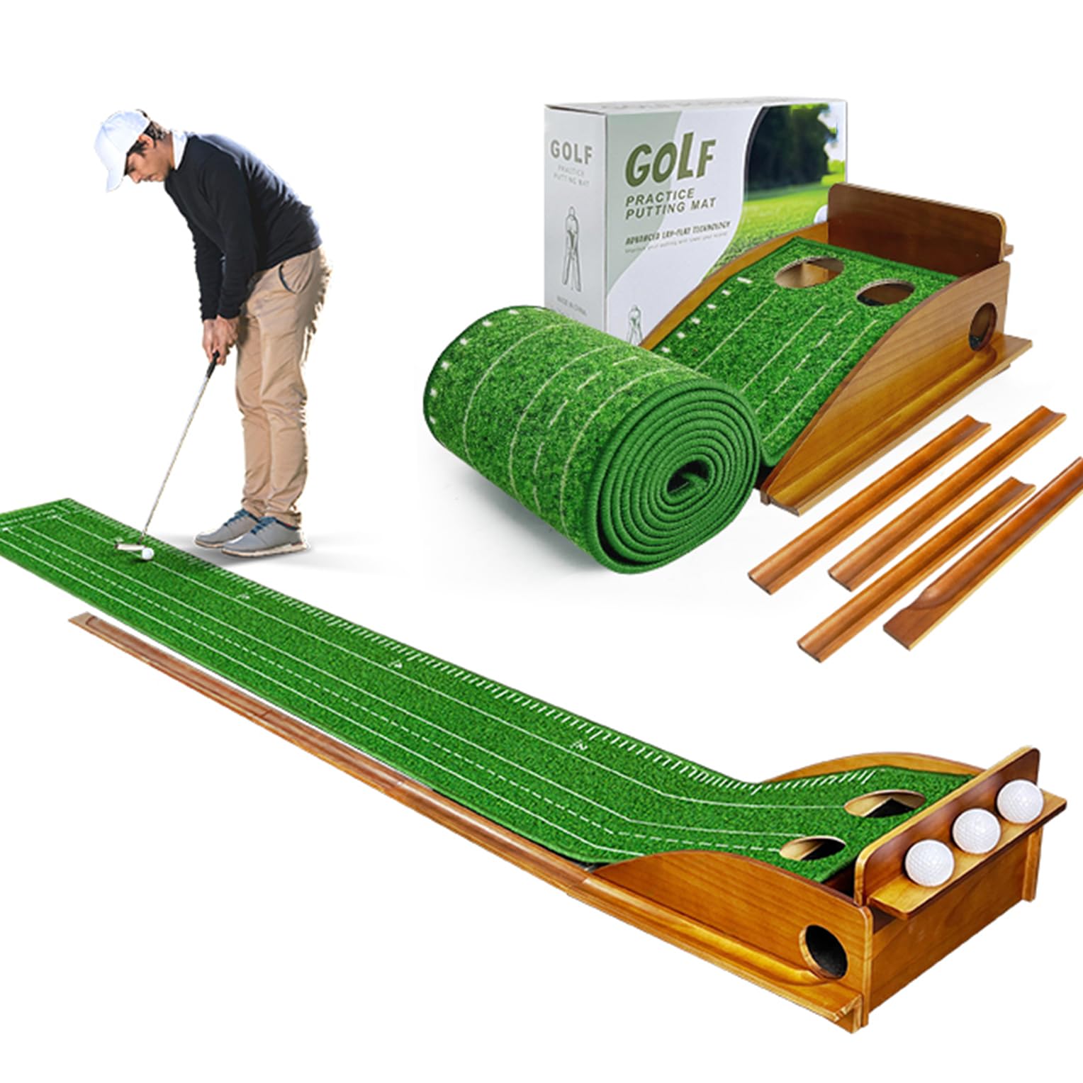 Putting Mat Indoor Golf, Holz Putting Matte, Golf Putting Green Matte, Golf Putting Mats für Männer Spielen Golfspiel zu Hause oder im Büro, Geschenke für Männer