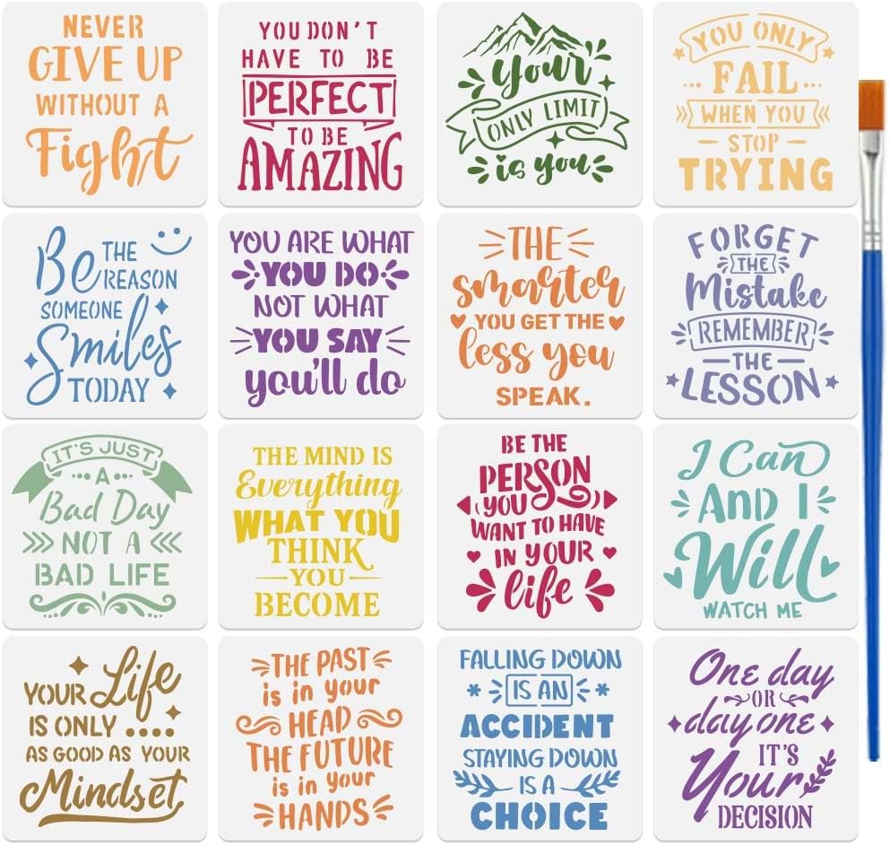 FINGERINSPIRE 16PCS Inspirational Words Stencils with a Brush 7.9x7.9inch Quote Sayings Stencil Set Reusable Drawing Templates for Wall Painting Wood Decor DIY Crafting Fabric Home Signs