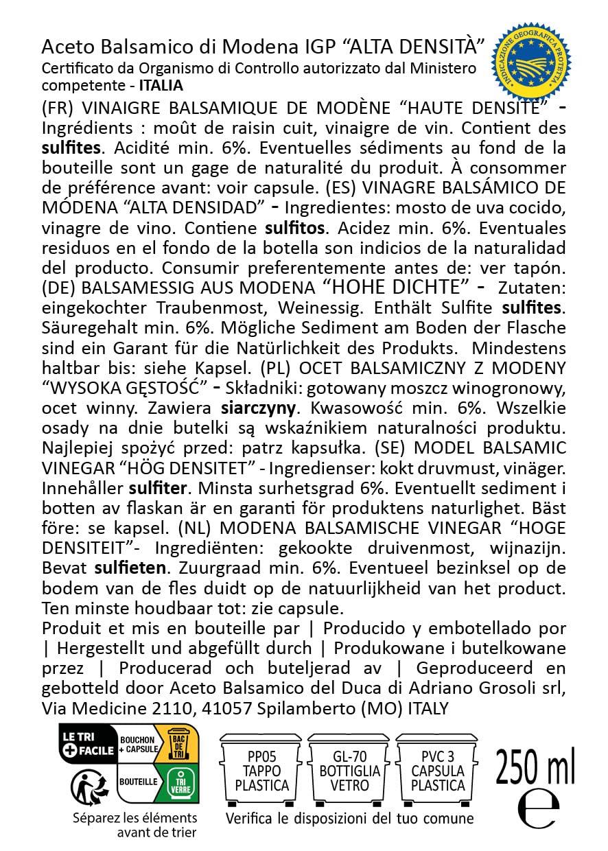 Vinagre Balsámico de Módena (Aceto Balsamico di Modena IGP) del Duca - Alta Densidad - Con Cuerpo - Notas Dulces