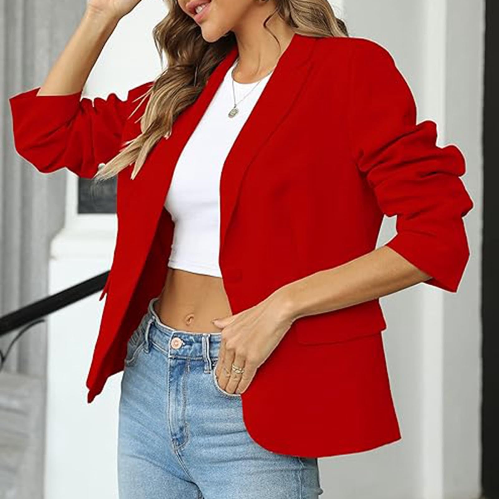 Damen Blazer Sportlich Elegant, Jackett Frühling Sweatblazer, Modische Classic Blaser Jacke Business Outfit Regular Fit Open Front Einfarbig Blazer Anzug Frauen Festliche Kleidung Damen Große Größen