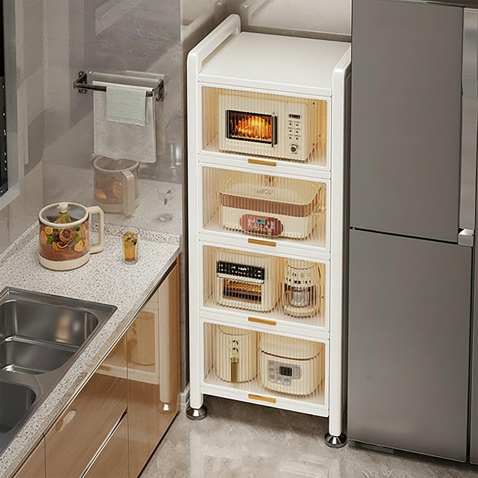 Carrello portaoggetti Sottile con Ante a ribalta, dispensa Trasparente, ripiano Multiuso in Acciaio al Carbonio su Ruote per Cucina, Soggiorno e Sala da Pranzo, 60 x 42 x 145 cm (b