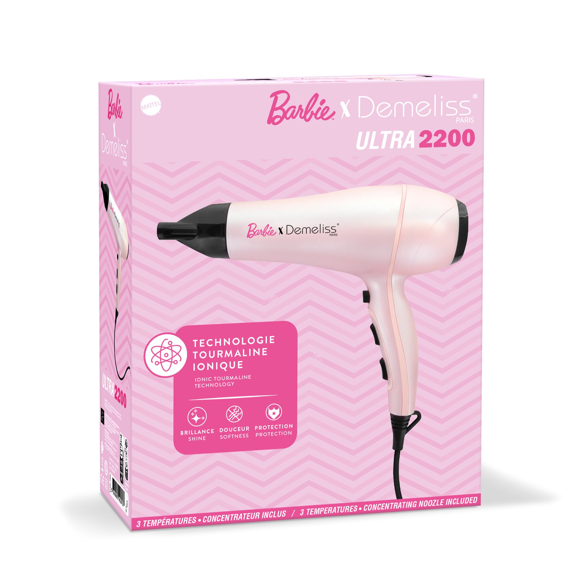 Demeliss - Barbie-Kollektion – Ultra 2200, Haartrockner, 2 Geschwindigkeitsstufen, 3 Temperaturen, Turmalin-Technologie, für Haar ohne Frizz, Glanz und Weichheit, inkl. Konzentrator