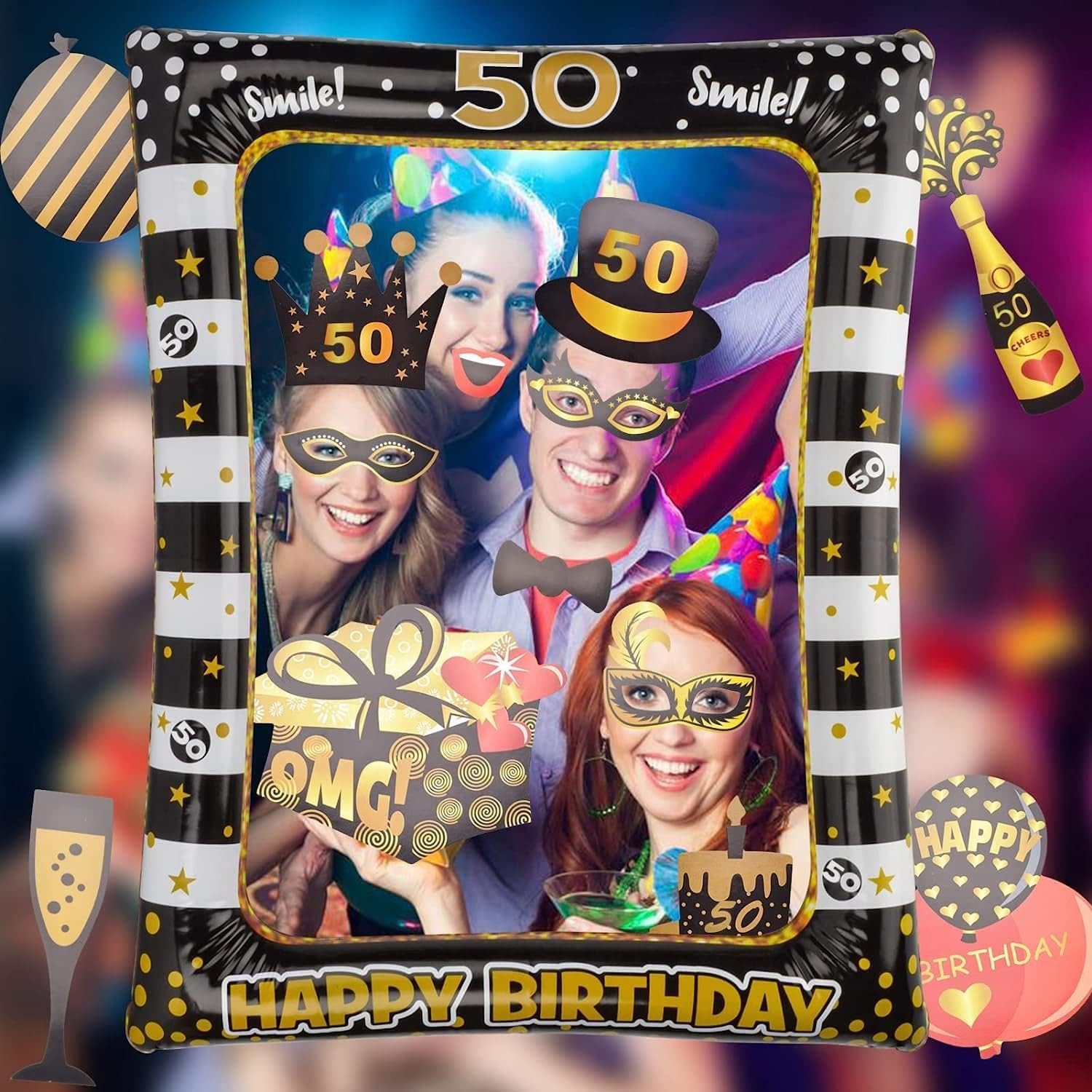 50e verjaardagsfeest grappige fotorekwisieten 50e verjaardag foto rekwisieten, 50e verjaardag vrouw man foto rekwisieten geschenken 30 stuks fotorekwisieten en 1 stuk opblaasbare lijst