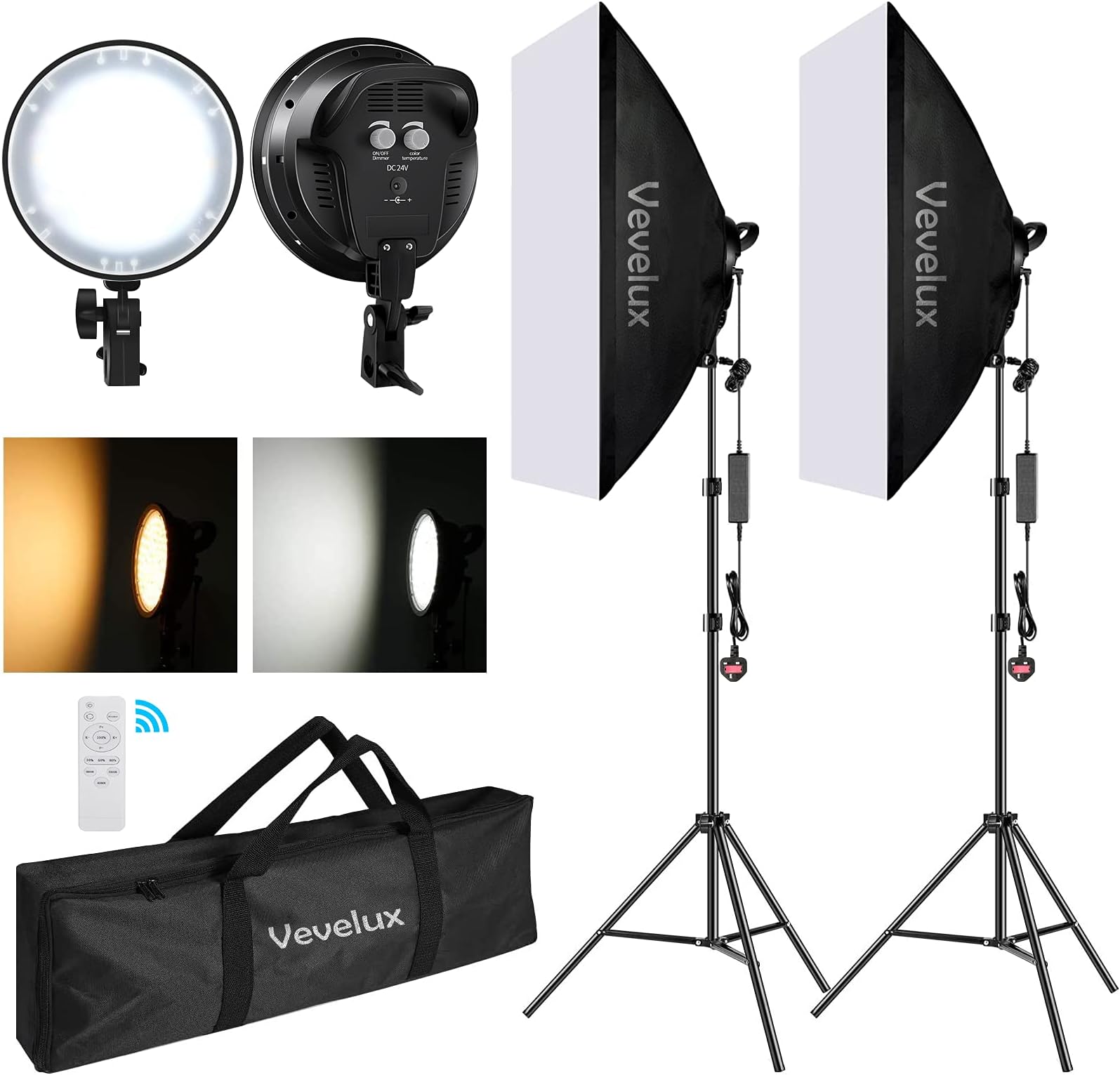 Vevelux LED Photography 3000K-6600K & 1-100% Dimmable Softbox Lighting Kit, 48W Studio Softbox 50 x 70 cm with Built-in Cooling Fan & Carrying Bag, Portraits Product Video Photography Lighting Kit