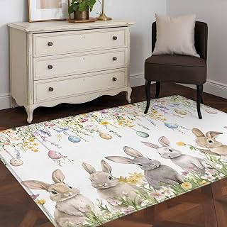 Watercolor Easter Egg Rabbit on White Floor Carpet Living Room Rug, Spring Flower Leaf Non-Slip Welcome Mat Indoor Rugs for Bedroom Dining Room