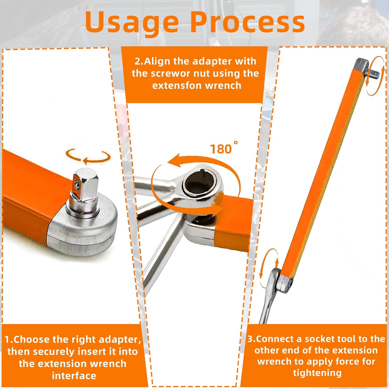 Offset Extension Wrench,15 Inch Impact Ready Socket Wrench Extender Tool Set with 1/2", 1/4" and 3/8" Square Drive Adapters, Zero Degree Ratchet Tool for Car Blue ﻿ (Orange)