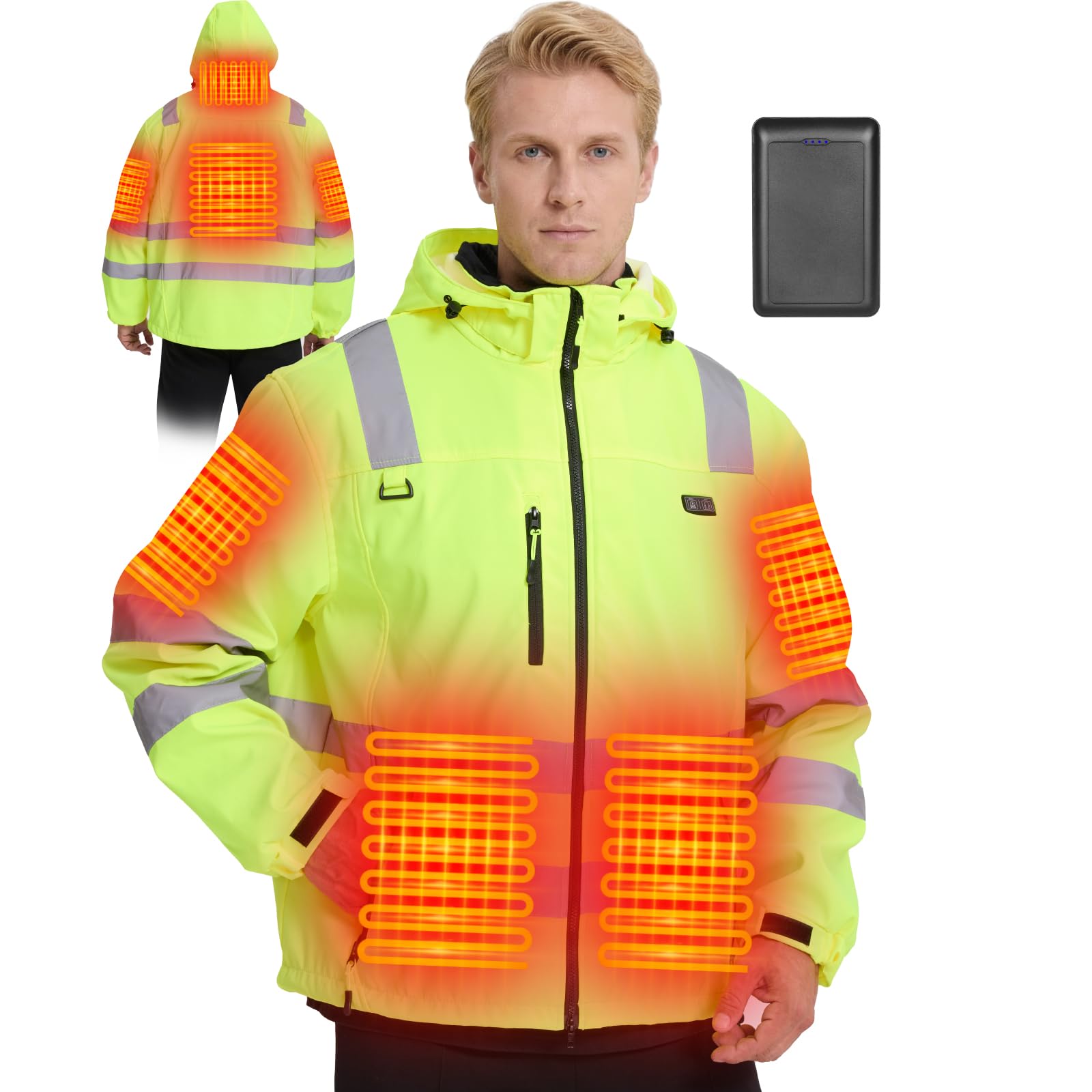 Chaqueta Polar Alta Visibilidad Calentada 4 en 1 para Hombre, Chaqueta de Soldadura Ligera - Batería de 16000 mAh Chaqueta Softshell de Advertencia con 6 Zonas de Calefacción incl Reflectores
