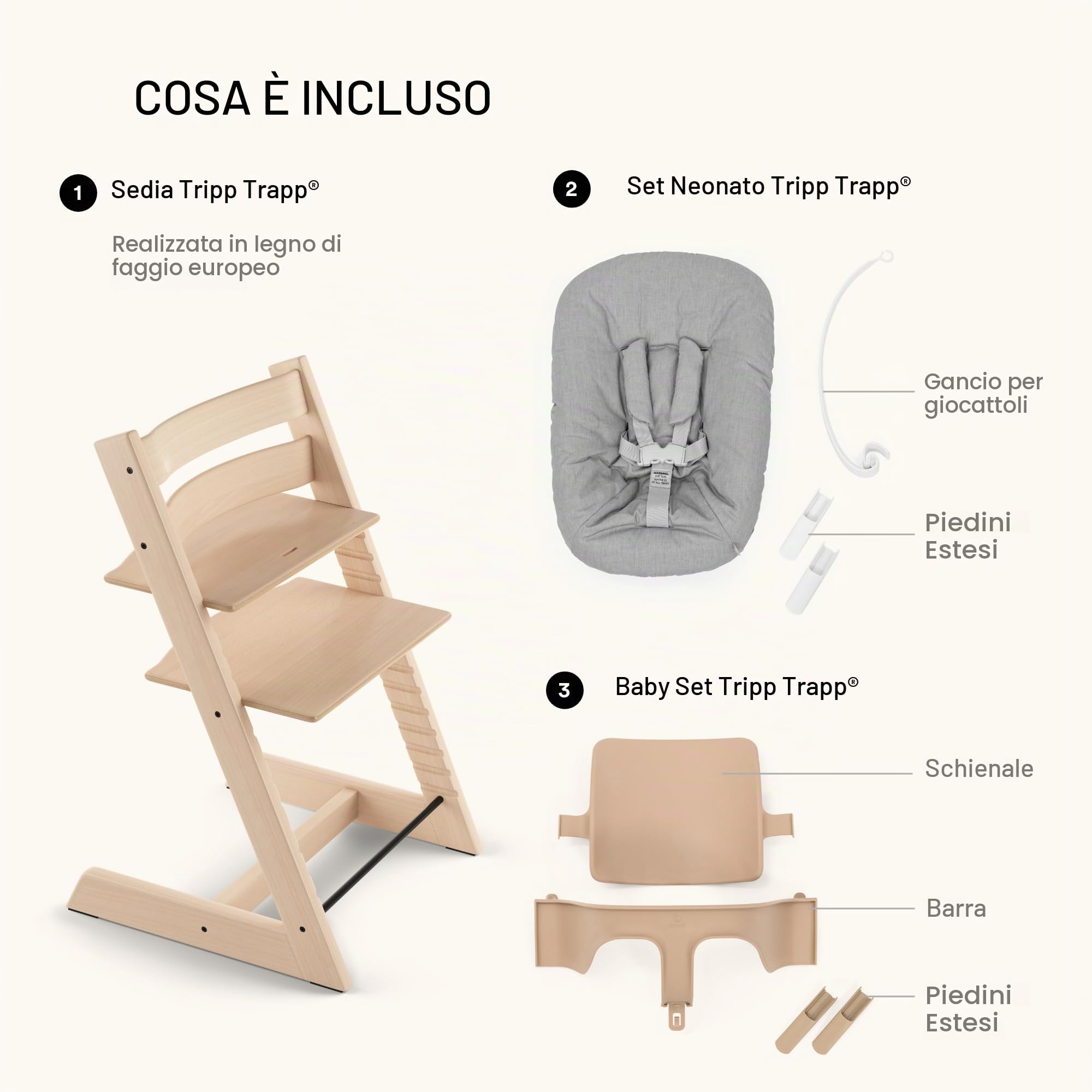 Seggiolone Tripp Trapp di Stokke, Whitewash/White (Include Sedia + Baby Set 2) con Newborn Set - Design Sicuro, Regolabile, Ergonomico