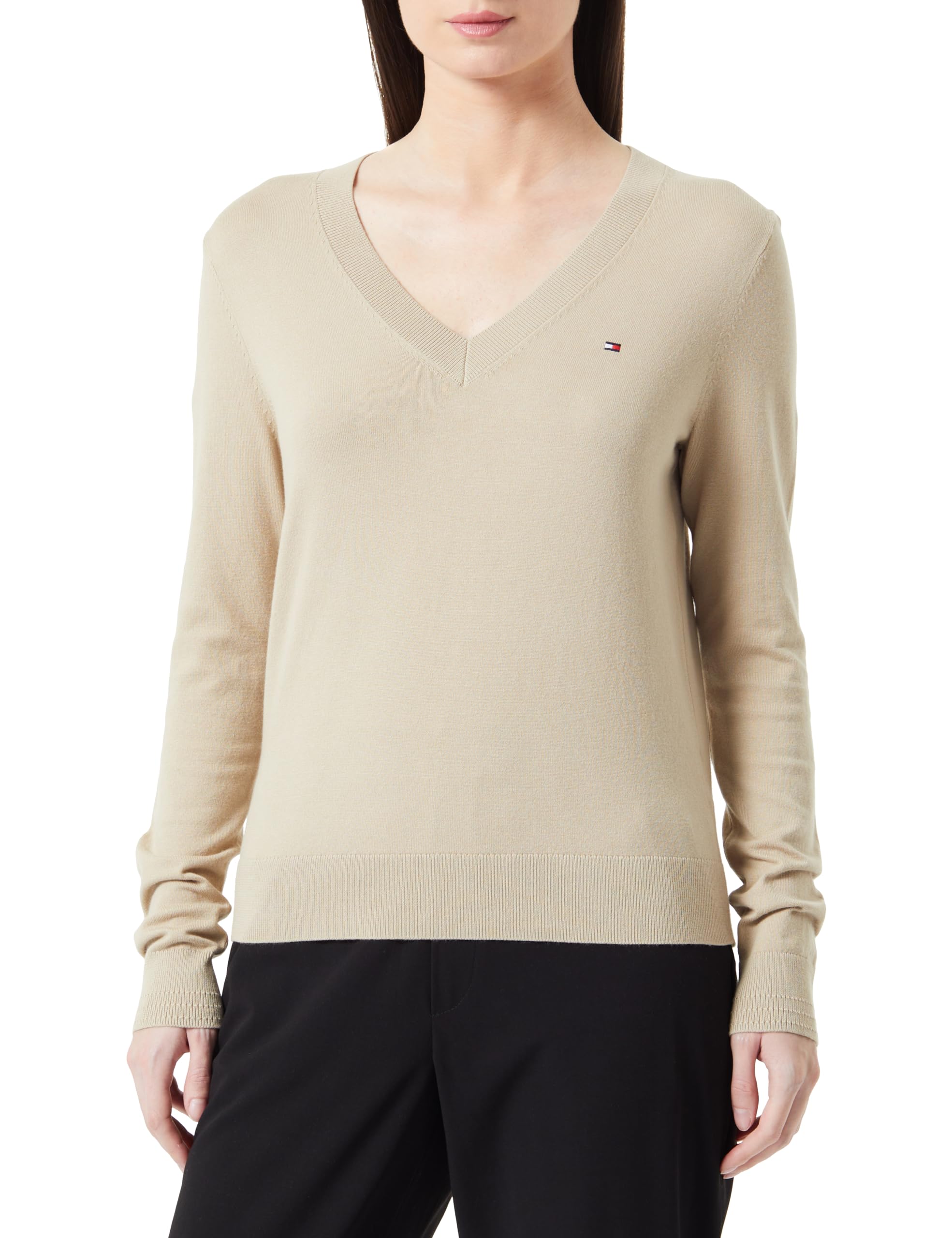 Tommy Hilfiger Women Jumper Jersey V-Neck, Beige (Beige), XS