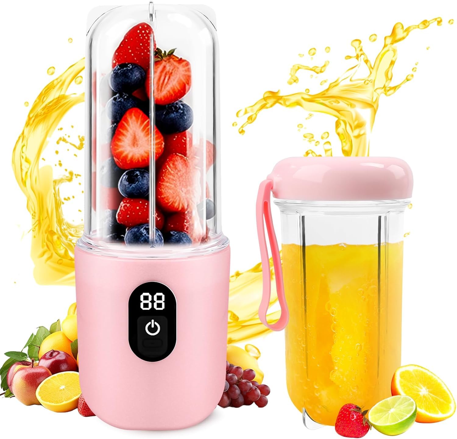 Portable Blender, Portable Electric Juicer with Digital Display, 1500mAh Battery, Cordless Use, 16 Blade SUS Cutting Head High Speed for Car Camping Office