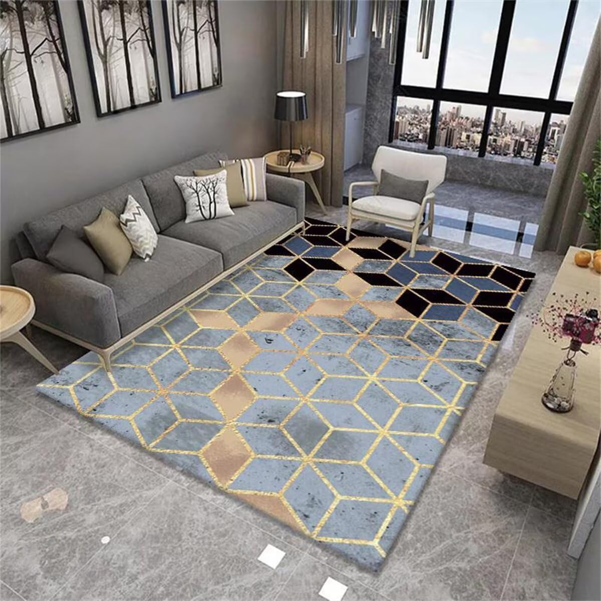 Décoration de chambre enfant fille tapis géométrique gris-bleu 80x120cm