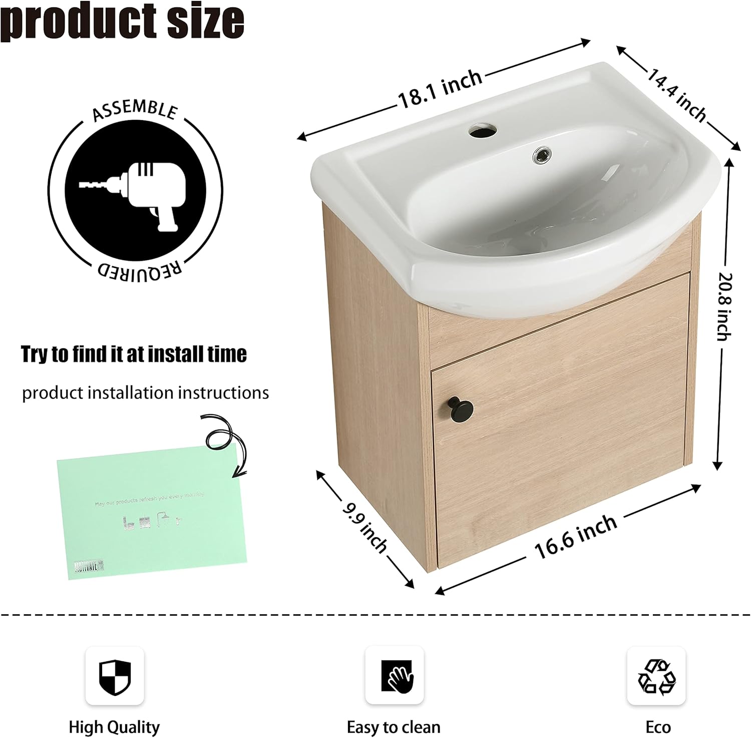 18" Bathroom Vanity with Sink, 18 Inch Floating Vanity for Small Space, Modern Single Sink Bathroom Vanity Combo, Brown Wall Mounted Cabinet Set (BN-023)