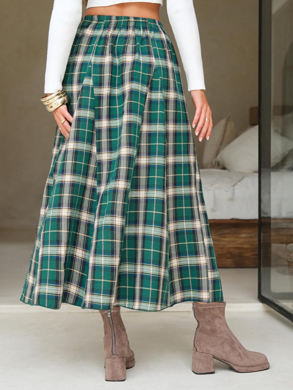 EXLURA Womens Flannel Plaid Long Skirts High Waist A Line Flared Pleated Maxi Skirt Dress Casual Vintage Office with Pockets - Image 3