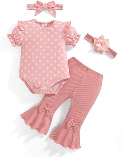 Vibebox Baby Girl Clothes Newborn Preemie Summer Outfits Preemie-12 Months | Short Sleeve Ruffle Romper Tops Bell Bottoms Pant Sets with Headband, Infant Girls Spring Summer Clothing Sets Essentials