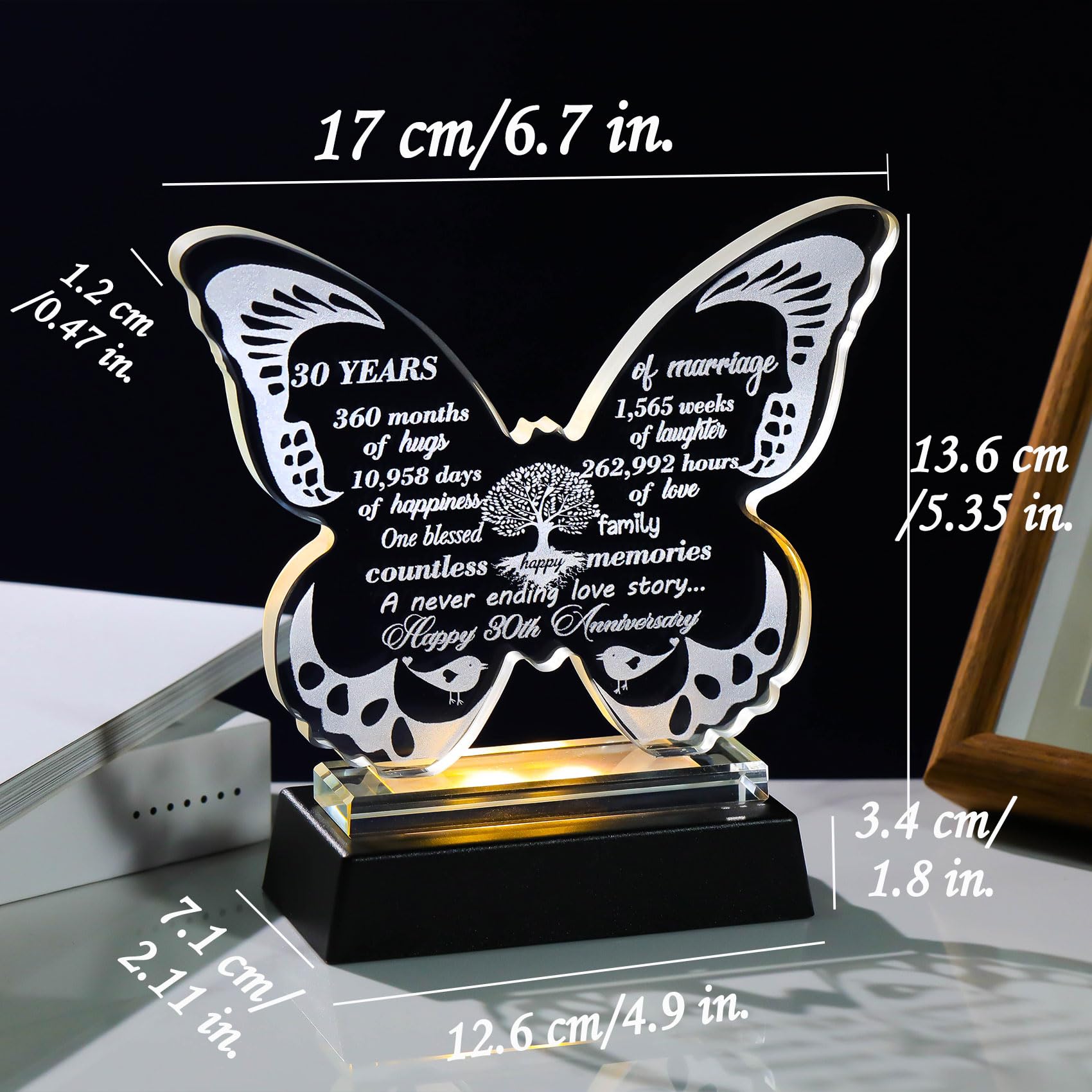 Ornalrist 13.6cm Glass Happy 30th Wedding Anniversary Love Gifts for Parents Couples- 30th Anniversary Butterfly Keepsake with LED Base Home Ornaments - Image 3
