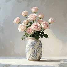 Ceramic Vase - 17.5 cm Rustic Farmhouse Flower Vase Blue and White Chinoiserie Ceramic Vases with Hand-Painted Peony Floral Boho Terracotta Vases for Home Decor Wedding Dinner Table Office Bedroom