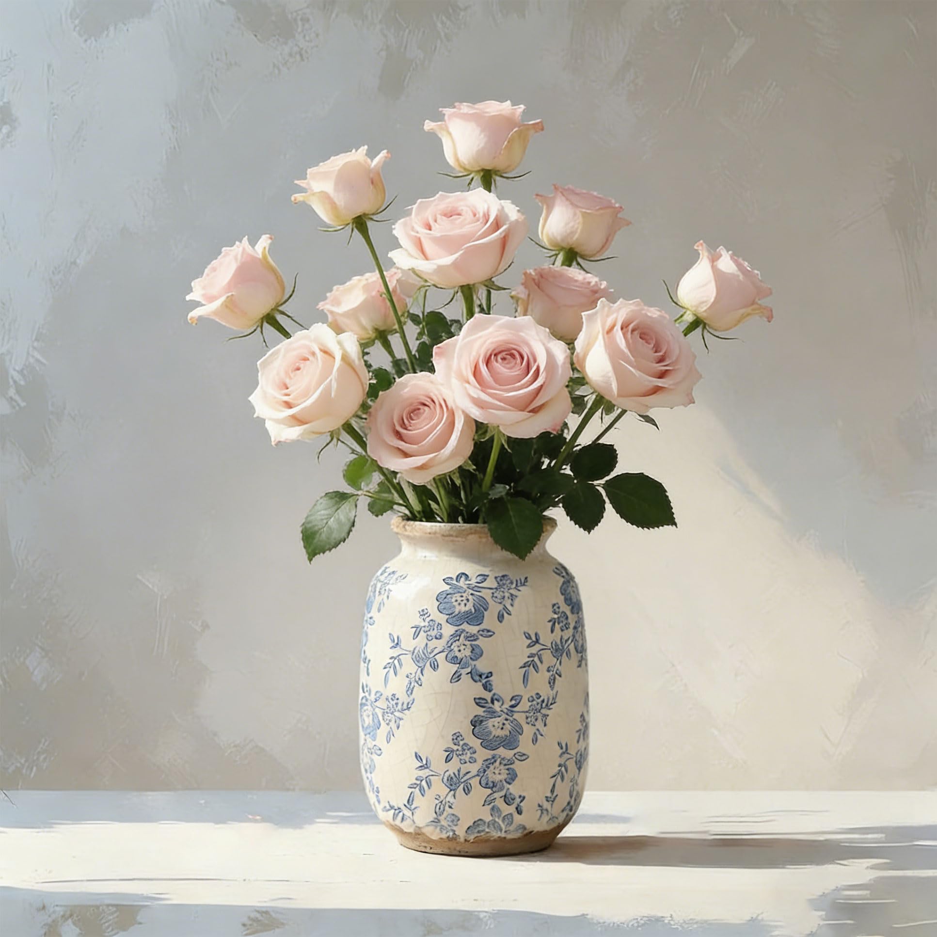 Ceramic Vase - 17.5 cm Rustic Farmhouse Flower Vase Blue and White Chinoiserie Ceramic Vases with Hand-Painted Peony Floral Boho Terracotta Vases for Home Decor Wedding Dinner Table Office Bedroom