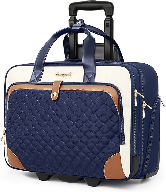 Bolsa con ruedas para computadora portátil, maletín con ruedas para mujer con bolsillo impermeable, bolsa para computadora de 17 pulgadas, equipaje de mano debajo del asiento con ruedas para viajes de trabajo, negocios, ligero azul marino marrón