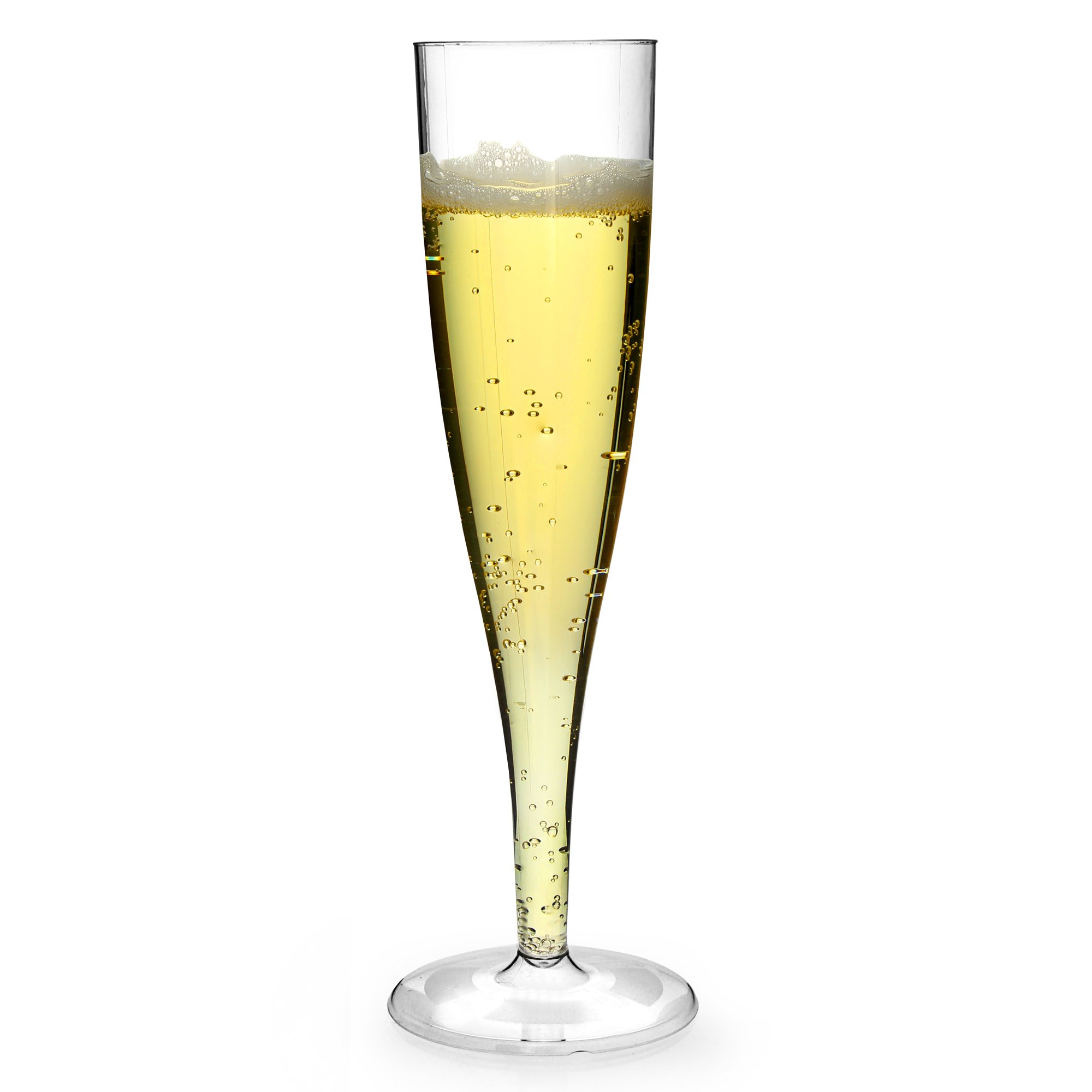 50 x one piece plastic champagne flute/glass - 130ml. Ideal for events, bbq's, picnics, camping, glamping, festivals and general use.