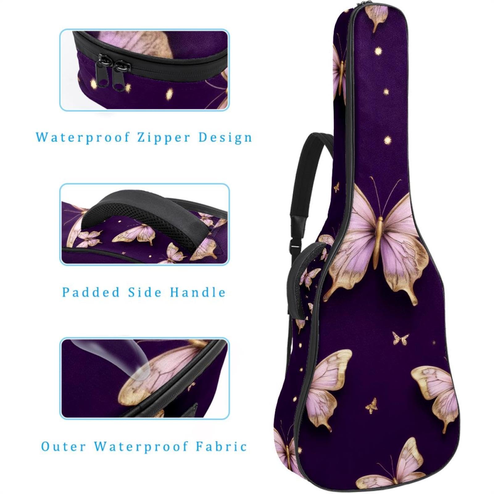 43 Zoll Akustikgitarre Softcase mit Rucksackgurt und 2 Taschen Schmetterlinge Dunkelviolett Keine Polsterung Rucksack Wasserdicht Oxford Tuch Bassgitarre Gigbag für Konzertgitarre