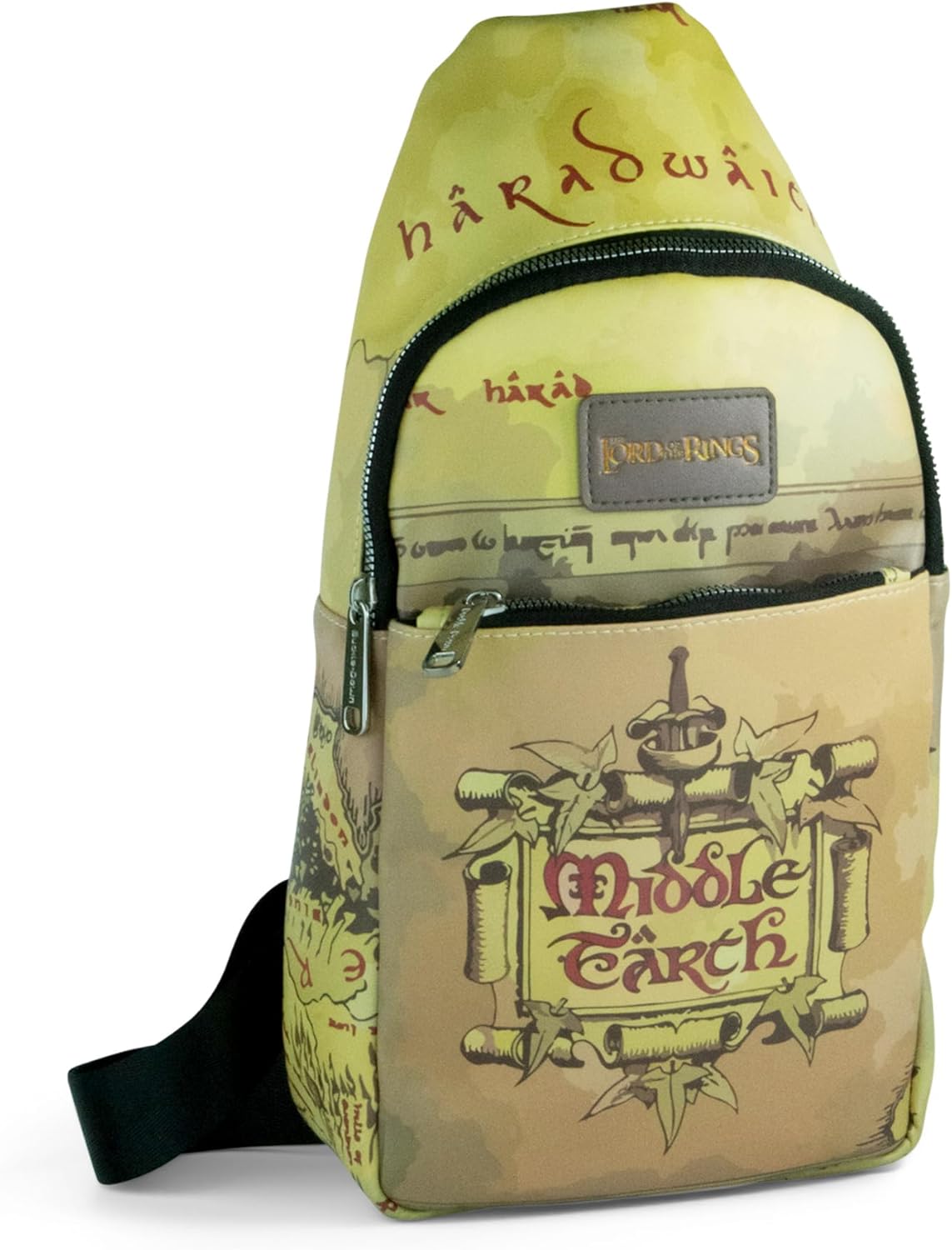 The Lord of the Rings Vegan Leather Crossbody Sling Bag, The Lord of the Rings Middle Earth Text and Map Print Tan, 7" x 14"