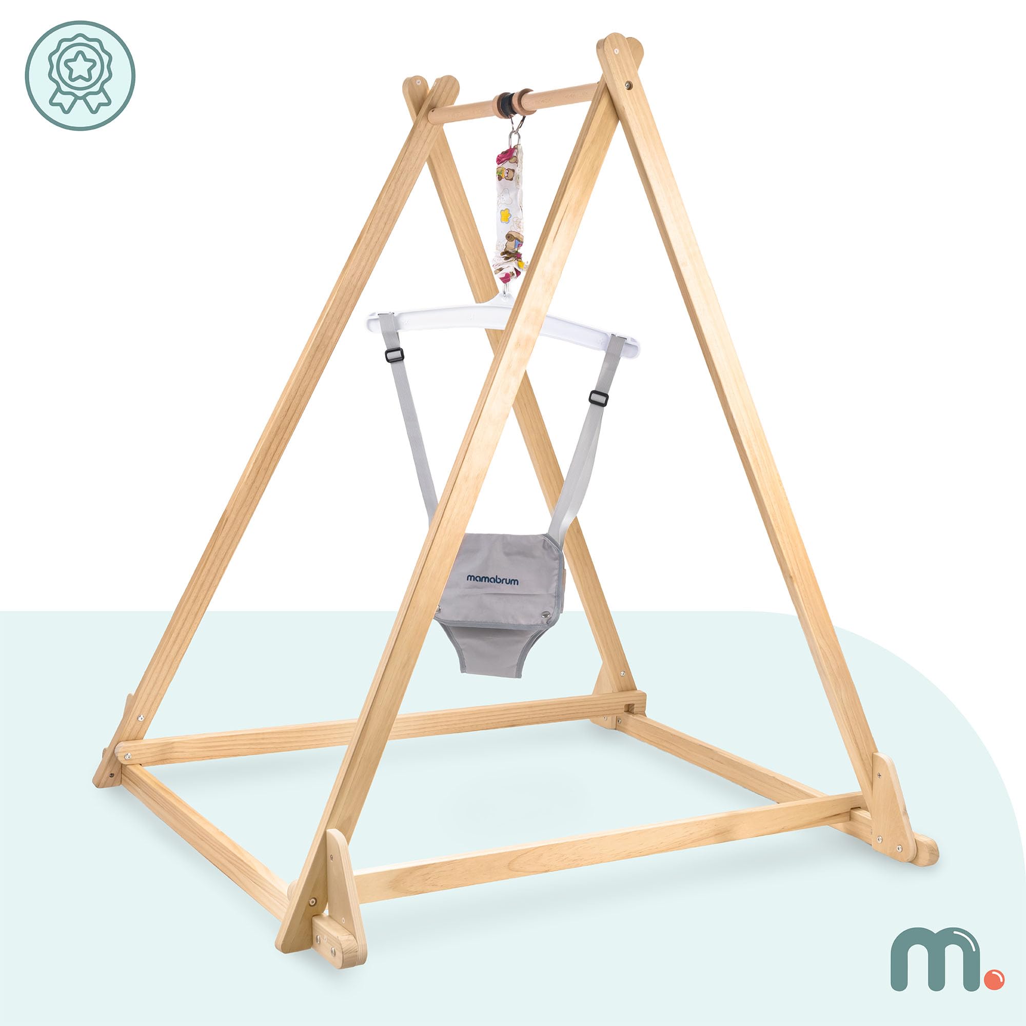 Mamabrum Sauteur Bébé en Bois avec Siège Réglable et Structure Pliable, Cadre en Bois, Double Fermeture de Sécurité, Gris, pour Enfants de 6 à 30 Mois