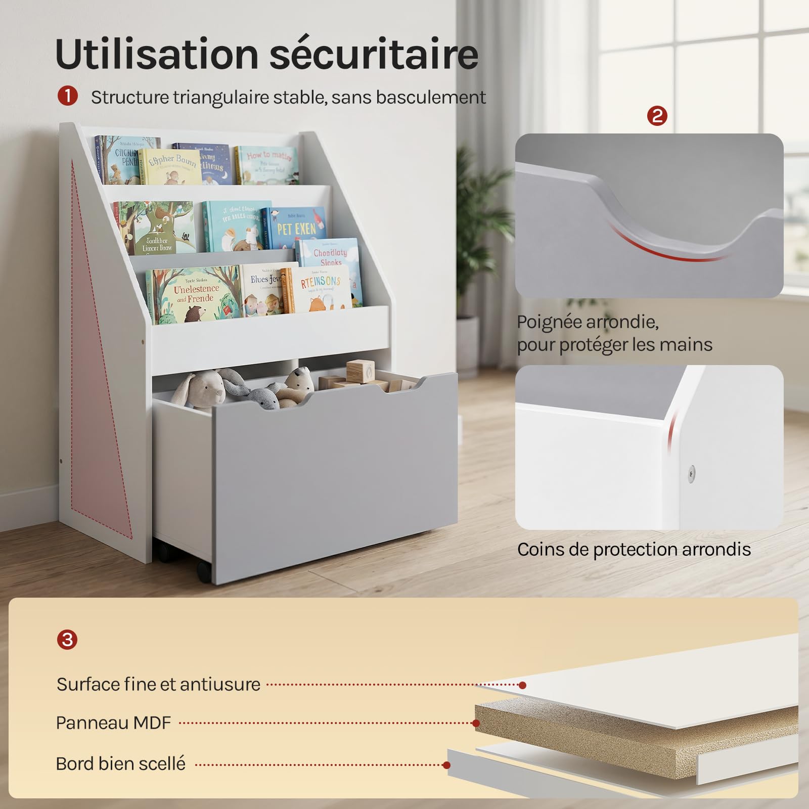 WOLTU Étagère à Livres pour Enfants Bibliothèque en MDF Boîte de Rangement avec 3 Compartiments et 4 roulettes intérieurs, Gris et Blanc