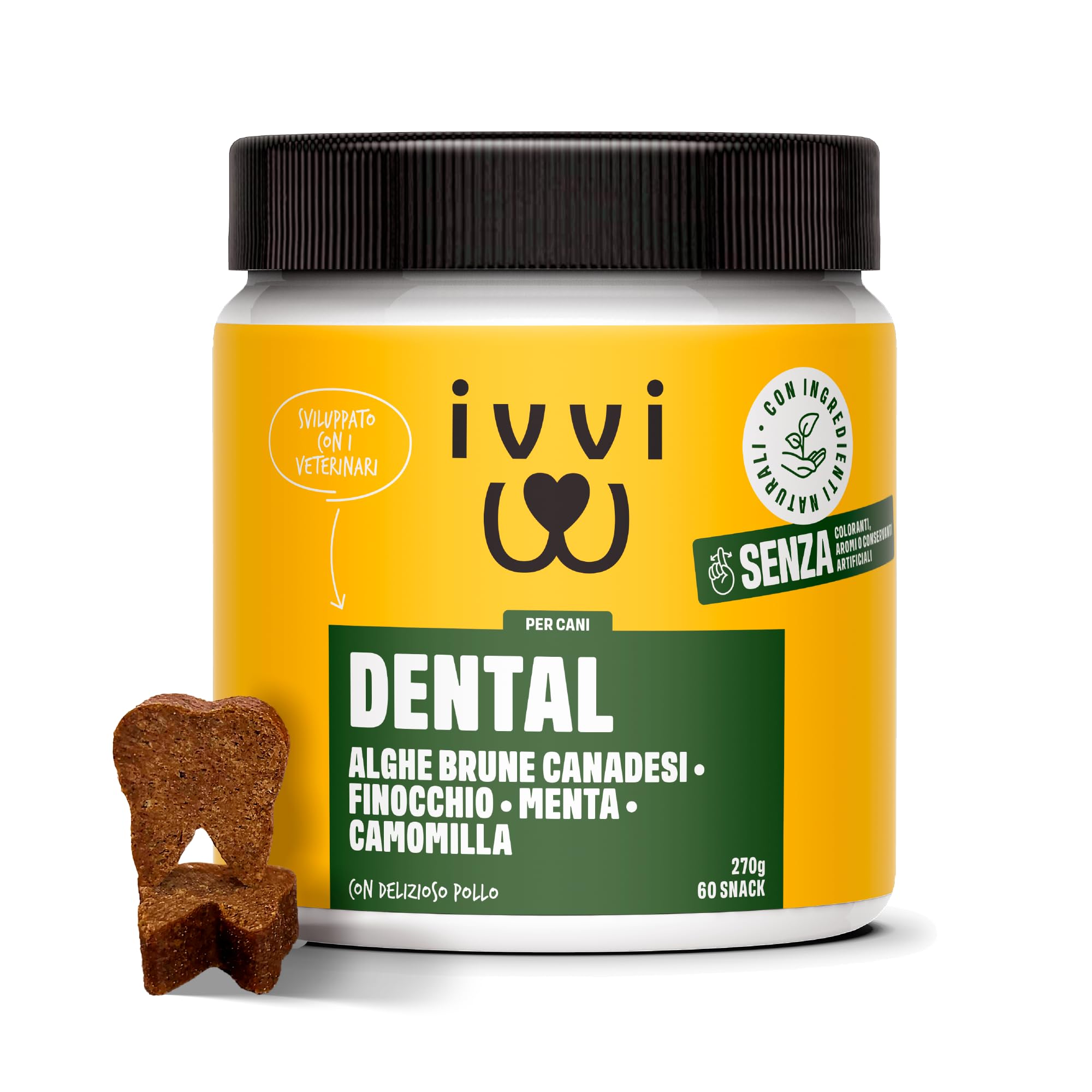 ivvi dental - snack per l'igiene dentale dei cani. Menta, prezzemolo, finocchio, camomilla, olio di cocco, alghe brune. 60 snack con pollo. Favorisce denti sani, alito fresco e gengive sane