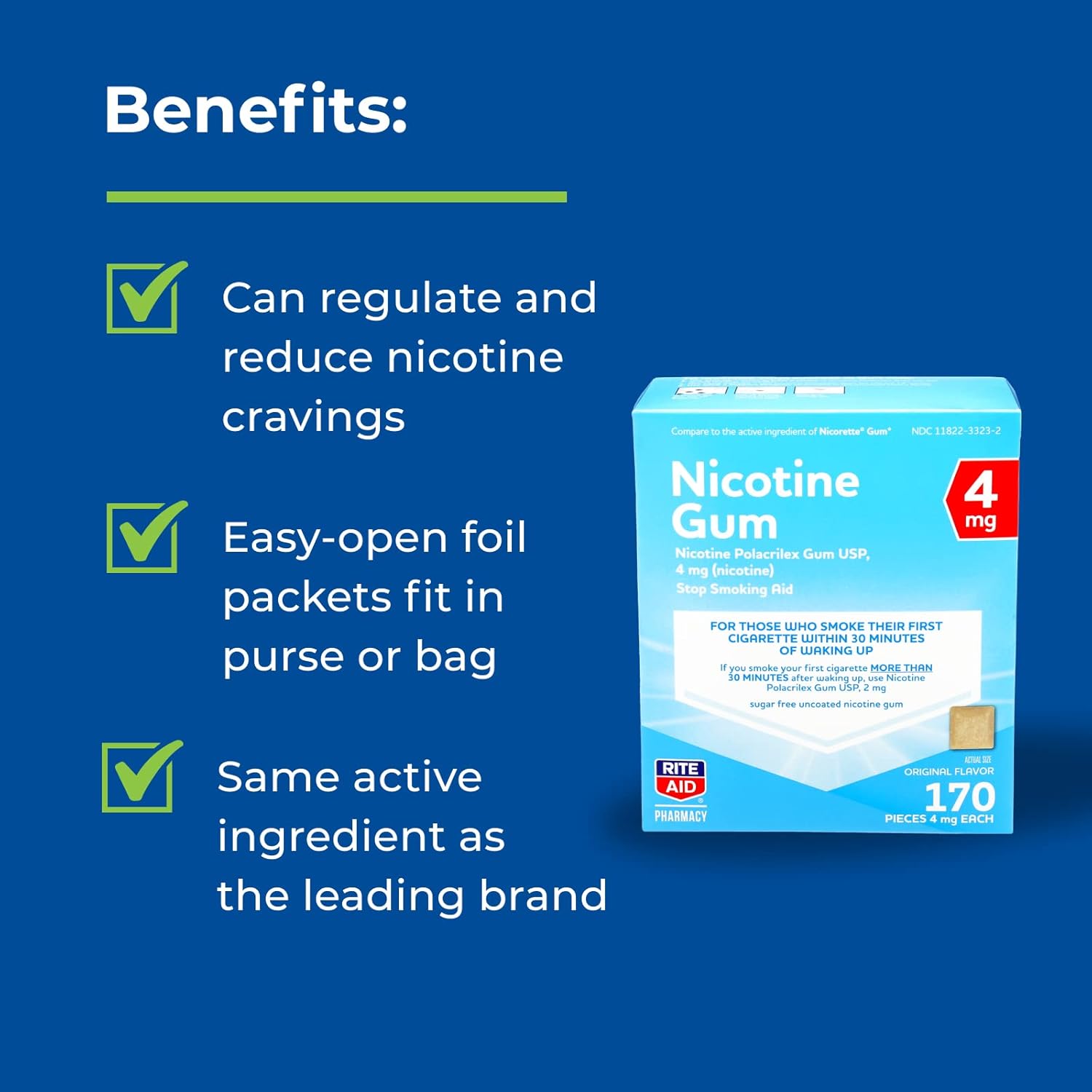Rite Aid Nicotine Gum, Original Flavor, 4 mg - 170 Count | Quit Smoking Aid | Nicotine Replacement Gum | Stop Smoking Aids That Work | Chewing Gum to Help You Quit Smoking | Uncoated Nicotine Gum