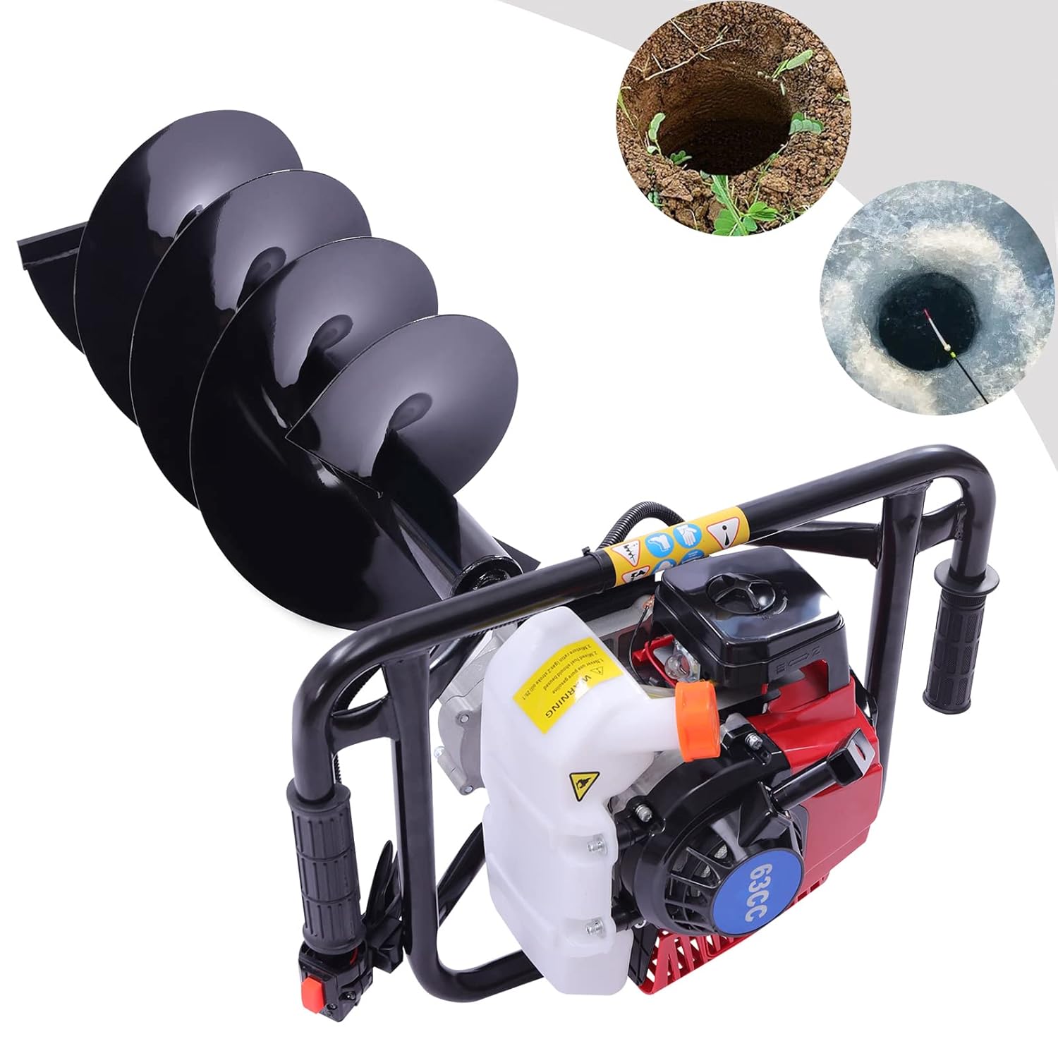 62cc Post Hole Digger 2 Stroke Post Hole Auger Gas Powered Earth Auger with 12" inch Auger Bit Set for Farm Garden Plant