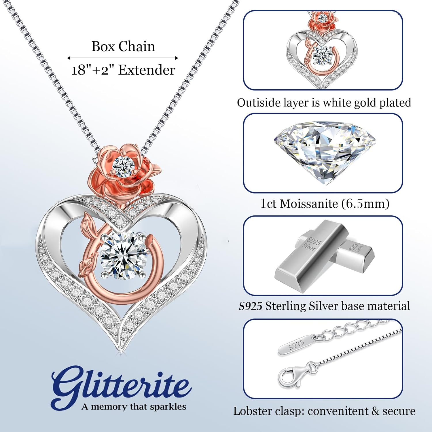 1 Carat Moissanite Necklace for Women, 925 Sterling Silver Rose Heart Pendant Necklace Moissanite Diamond Necklace, Birthday Gift Anniversary Present for Wife, Girlfriend, Daughter, Mom - Image 5
