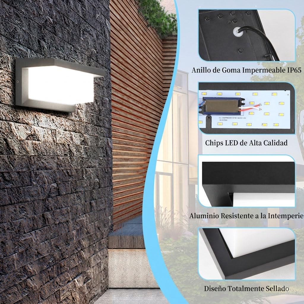 Aplique Pared Exterior 18W Lámpara de Pared Exterior Impermeable IP65 Luz LED Iiluminación 6500K Apliques LED Aluminio para Jardín, Terraza, Patio, Villa, Pasillo