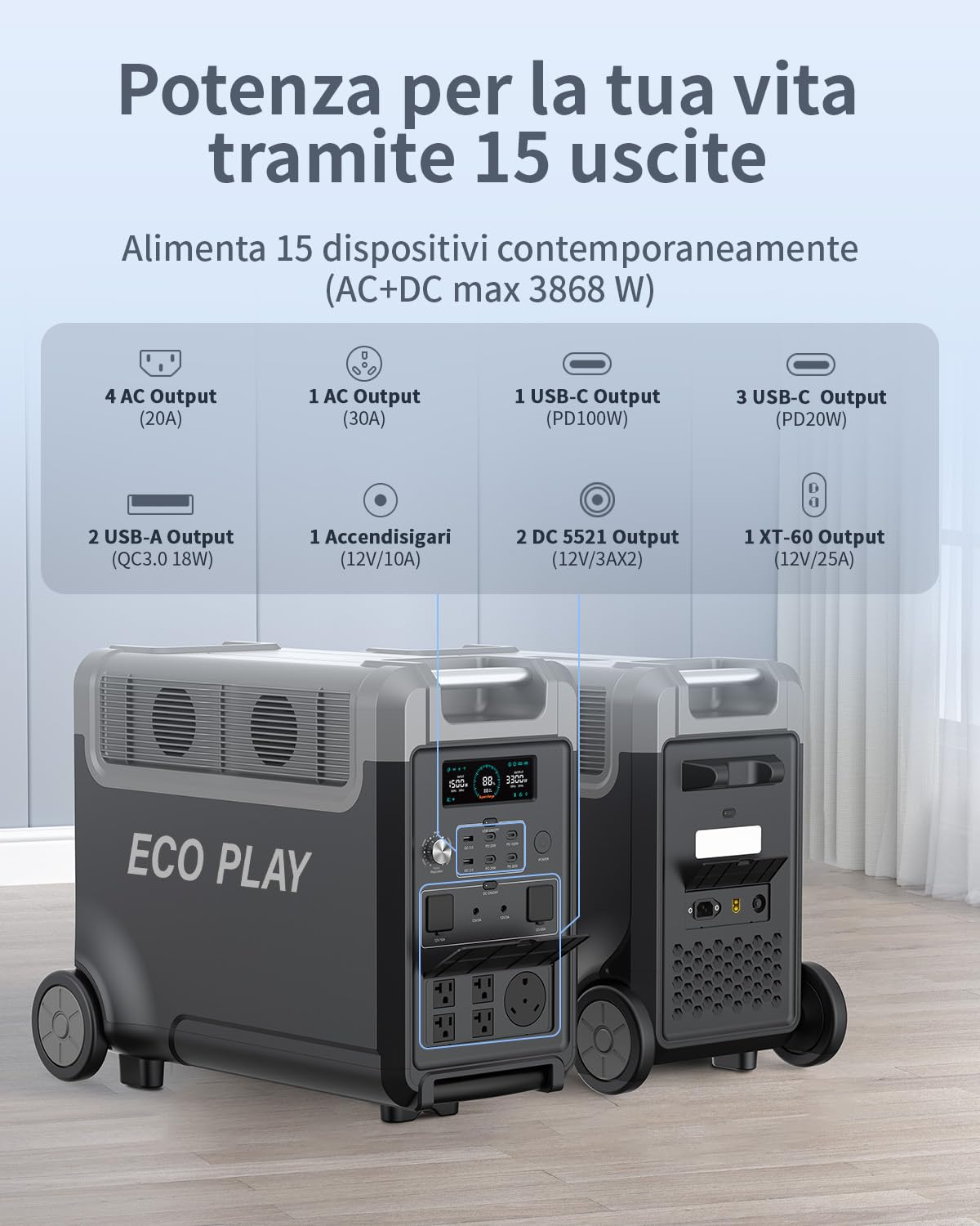 Stazione di alimentazione 3600W, generatore solare ECO PLAY con batteria LiFePO4 da 3840Wh, ricarica rapida in 2 ore, uscita 3x230V AC, accumulo con UPS per alimentazione di mergenza/campeggio/camper
