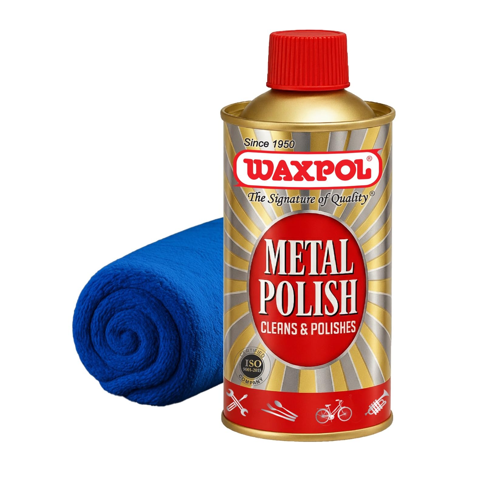 Waxpol Metal Polish 200 ml with Microfiber Cloth for Shine and Clean Bike, Brass, Copper, Steel, Chrome, Aluminium, Alloy, Wheel