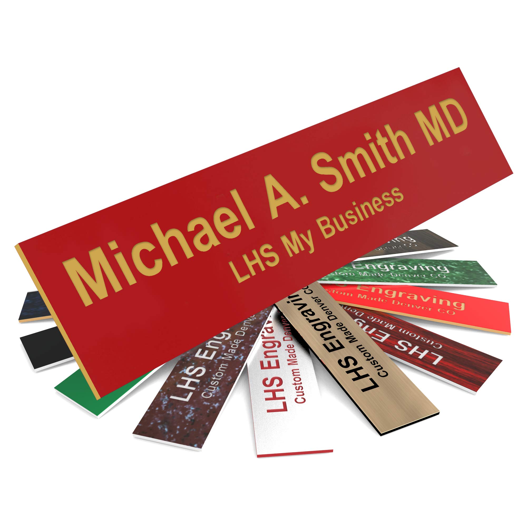 Engraved Name Plates for Door Sign Personalized Red Plastic Plaque with Gold Letters - Made in USA 2x12 B17