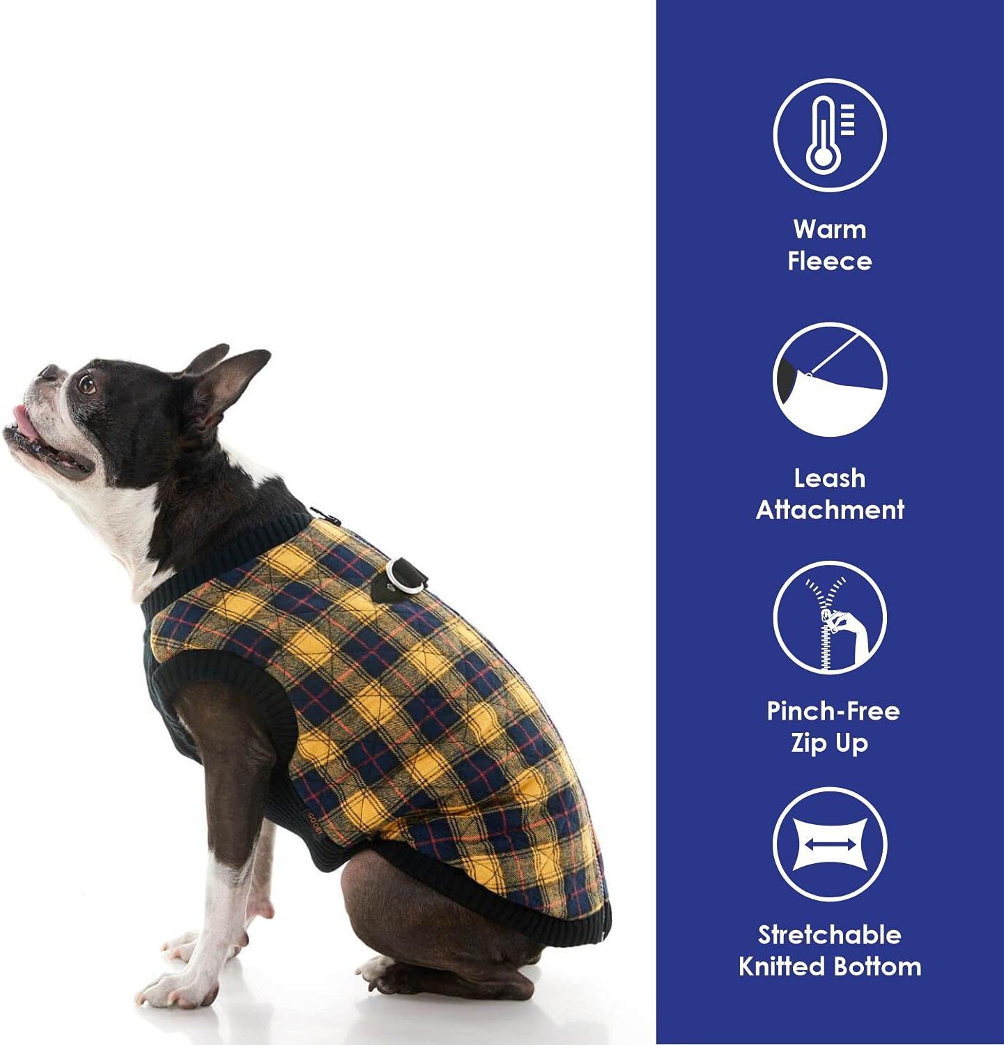 Gooby Fashion Zip Up Dog Bomber Vest, Check, Medium, Warm, Water Resistant, Yellow, Small & Medium Dogs, Dual D Ring Leash - Image 4