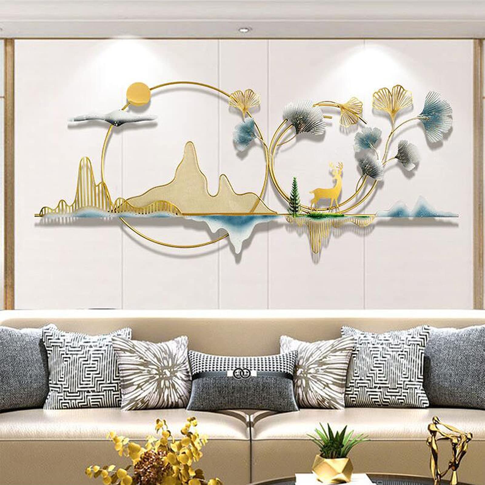 LIUSHI Art Mural en métal 3D Feuilles de Ginkgo doré décoration Murale, Sculptures décoratives en Fer forgé tenture Murale Fond de canapé, décoration créative d'art