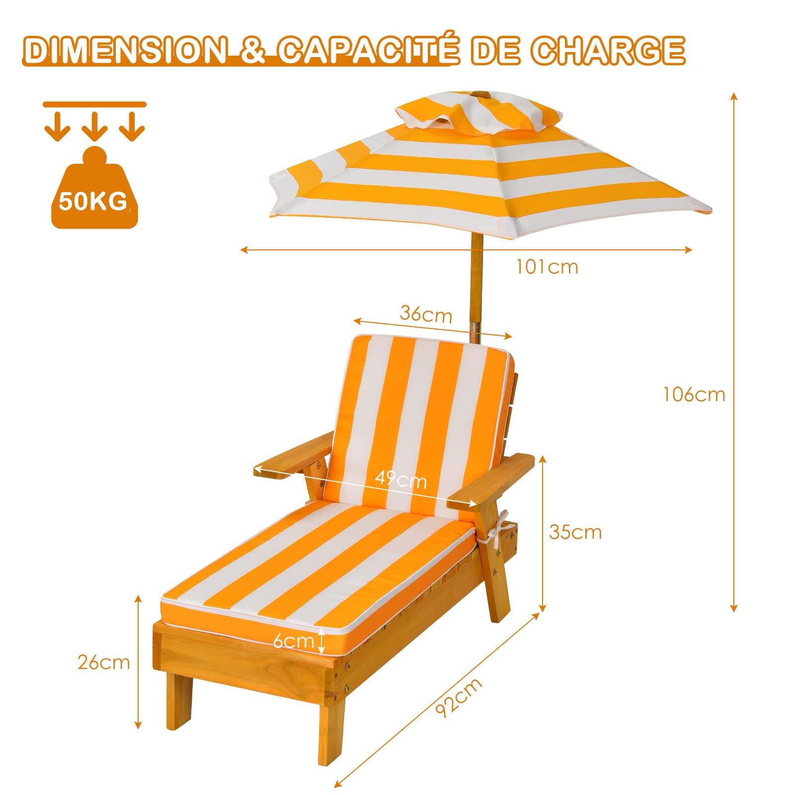 GOPLUS Chaise Longue Enfant avec Parasol, Transat de Jardin Extérieur pour Bain de Soleil, Salon de Jardin pour Plage, Camping, Patio, Charge 50KG, 92x49x106 CM