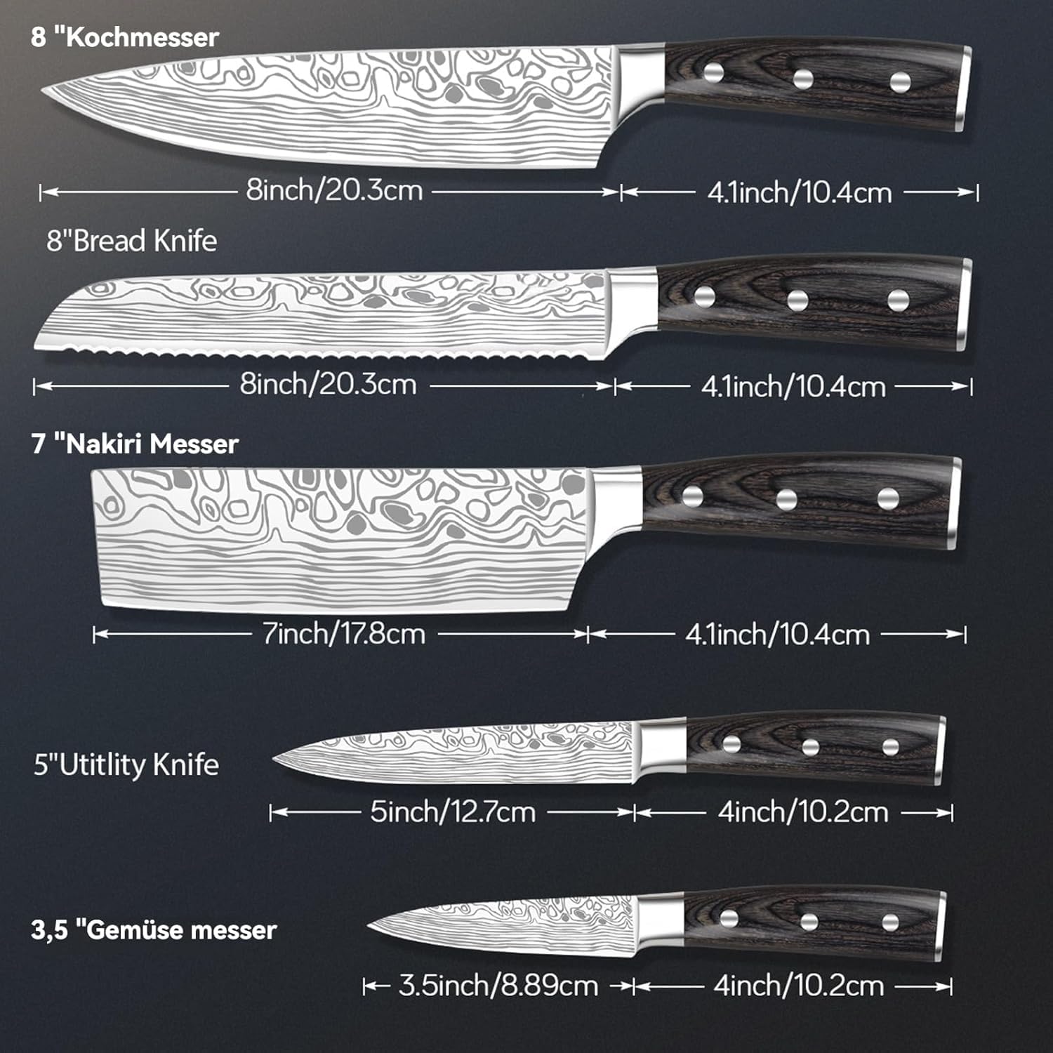Juego de Cuchillos de Cocina Profesionales 5 Piezas, Incluye Cuchillo de Chef 20cm, Cuchillo para Pan 20cm, Nakiri 18cm, Cuchillo Multiusos 13cm, Cuchillo para Frutas 9cm