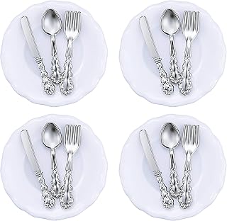 4 Pieces 1:12 Scale Miniature Plates and 12 Pieces Knives Forks Spoons Metal Tableware Dollhouse Miniatures Porcelain Plate Set Dollhouse Kitchen Accessories Dollhouse Decoration Accessories