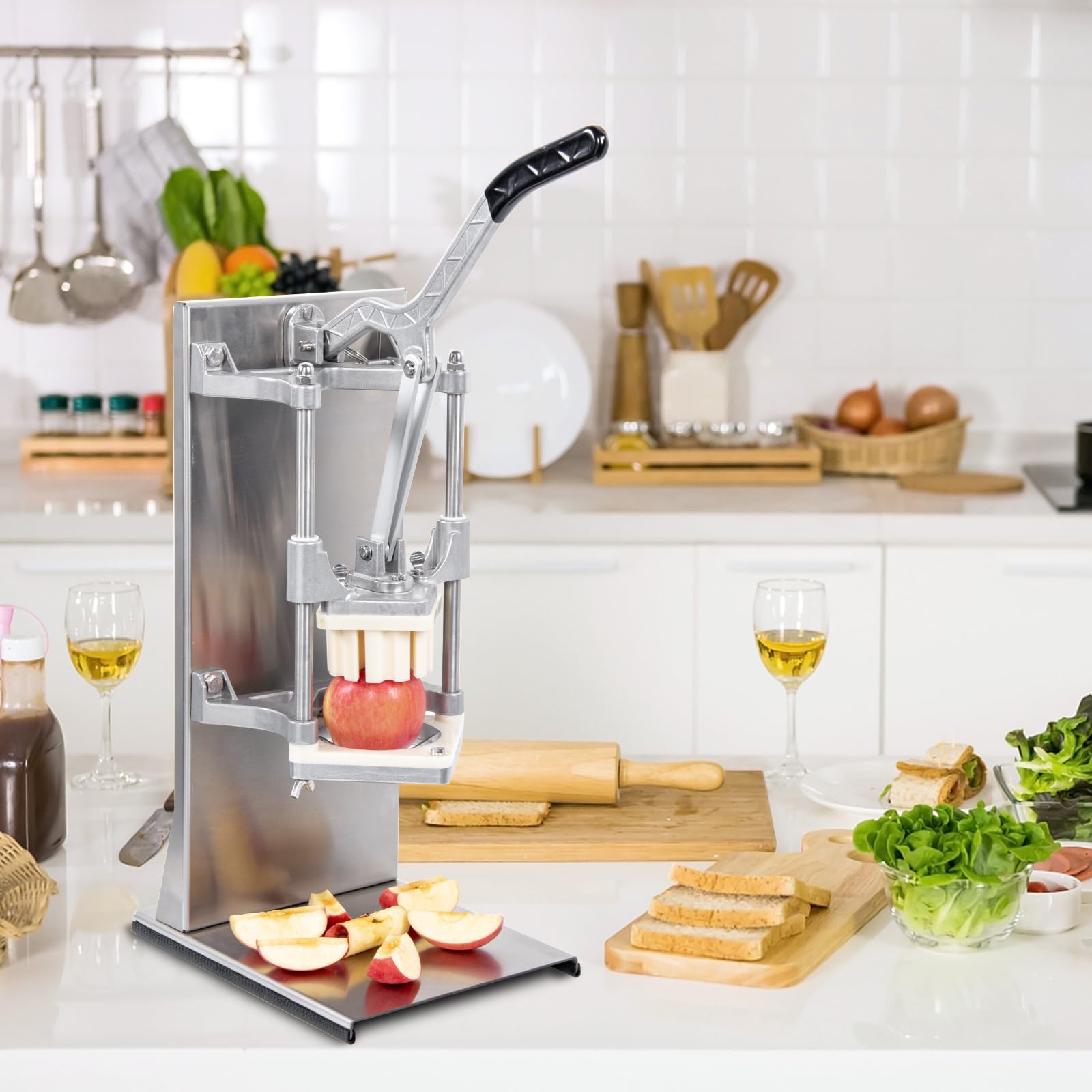 Kommerzieller Pommesschneider mit 4 Klingen, Edelstahl, 1/4 Zoll 3/8 Zoll, 6 Keile, 6 Keile zum Kernzerkleinerer, manueller Kartoffel-Apfel-Zitronenschneider für Restaurant, Zuhause, Küche,