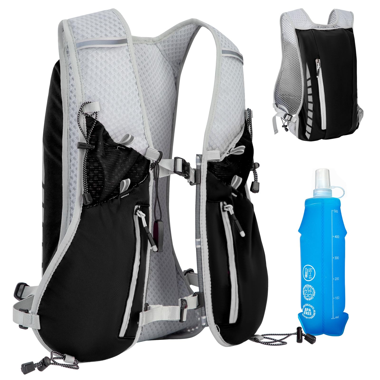 Expansea Zaino da Corsa 7L, Super Leggero Zaino Uomo & Donna, Tasche Multiple, Running Vest With Borraccia Morbida 500ml per Ciclismo, Maratona,Corsa, Arrampicata e Altri Sport All'Aria Aperta
