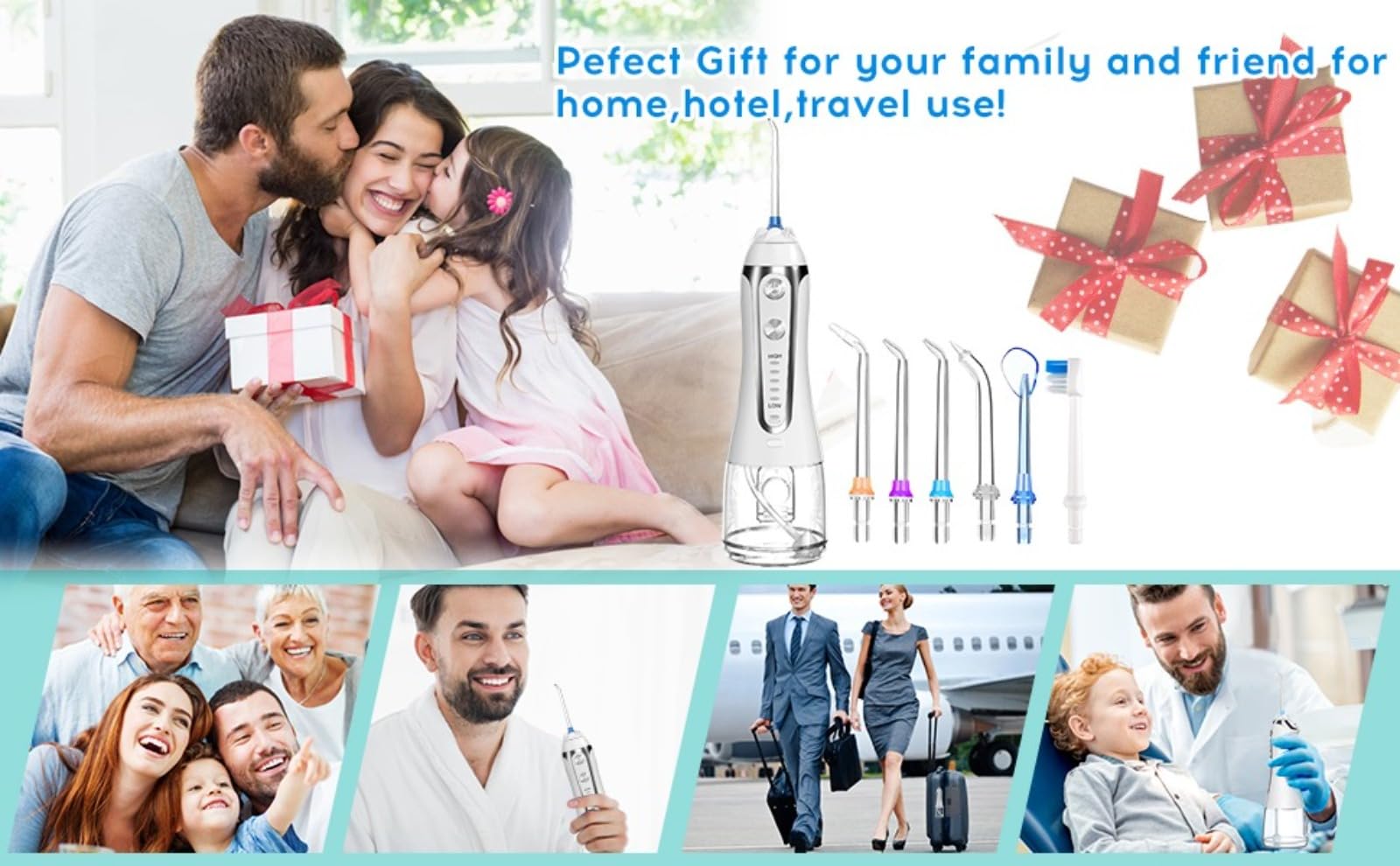 Hidropulsor eléctrico portátil, irrigador oral inalámbrico portátil de 300 ml, carga USB, 5 boquillas, 5 modos de pulso, sellado IPX7, un clic para renovar la salud bucal