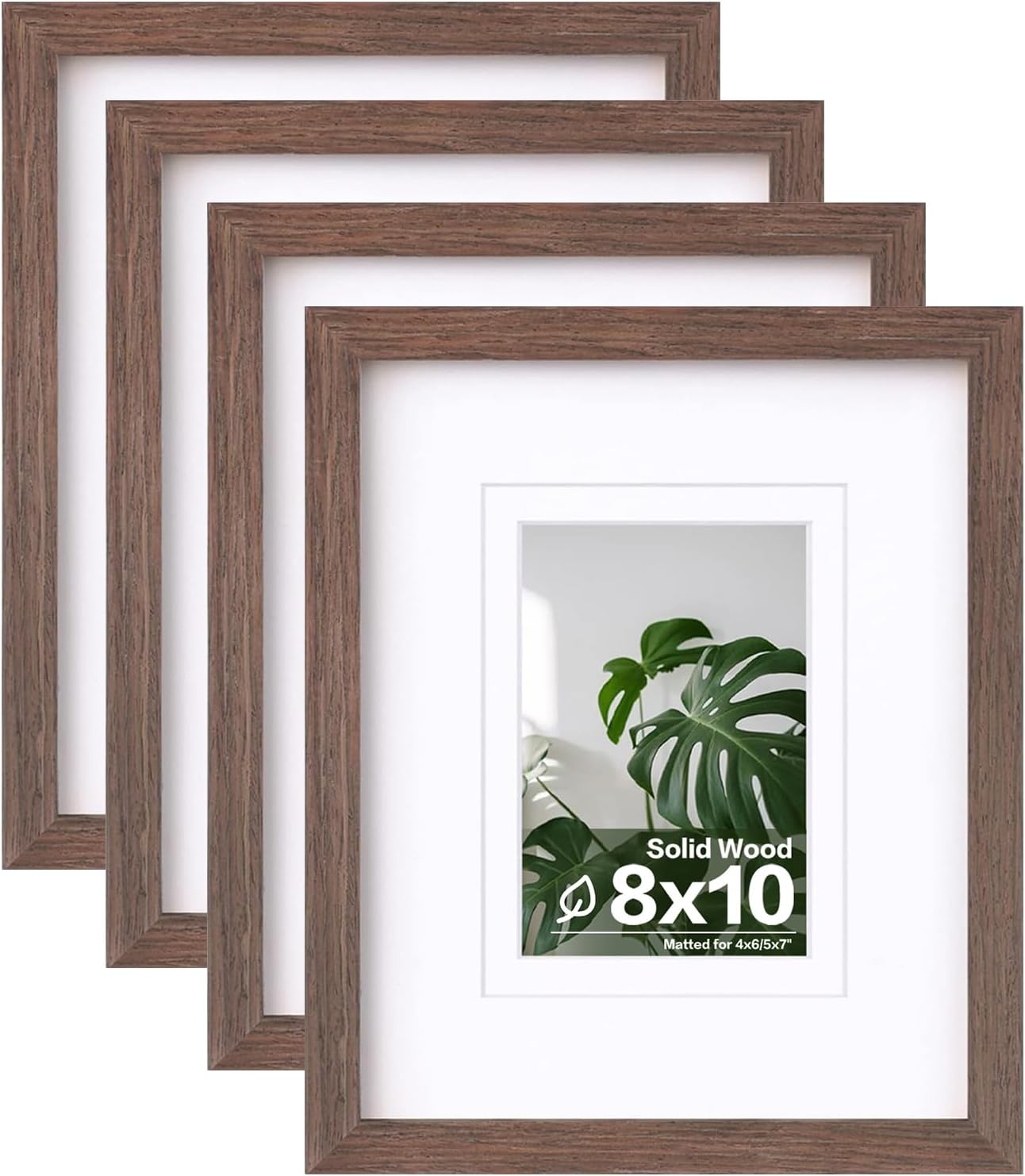 8x10 Picture Frames Set of 4, Made of Solid Wood Covered by Plexiglass 4x6 and 5x7 with Mat or 8x10 without Mat, for Table Top Display and Wall Mounting Photo Frame Brown
