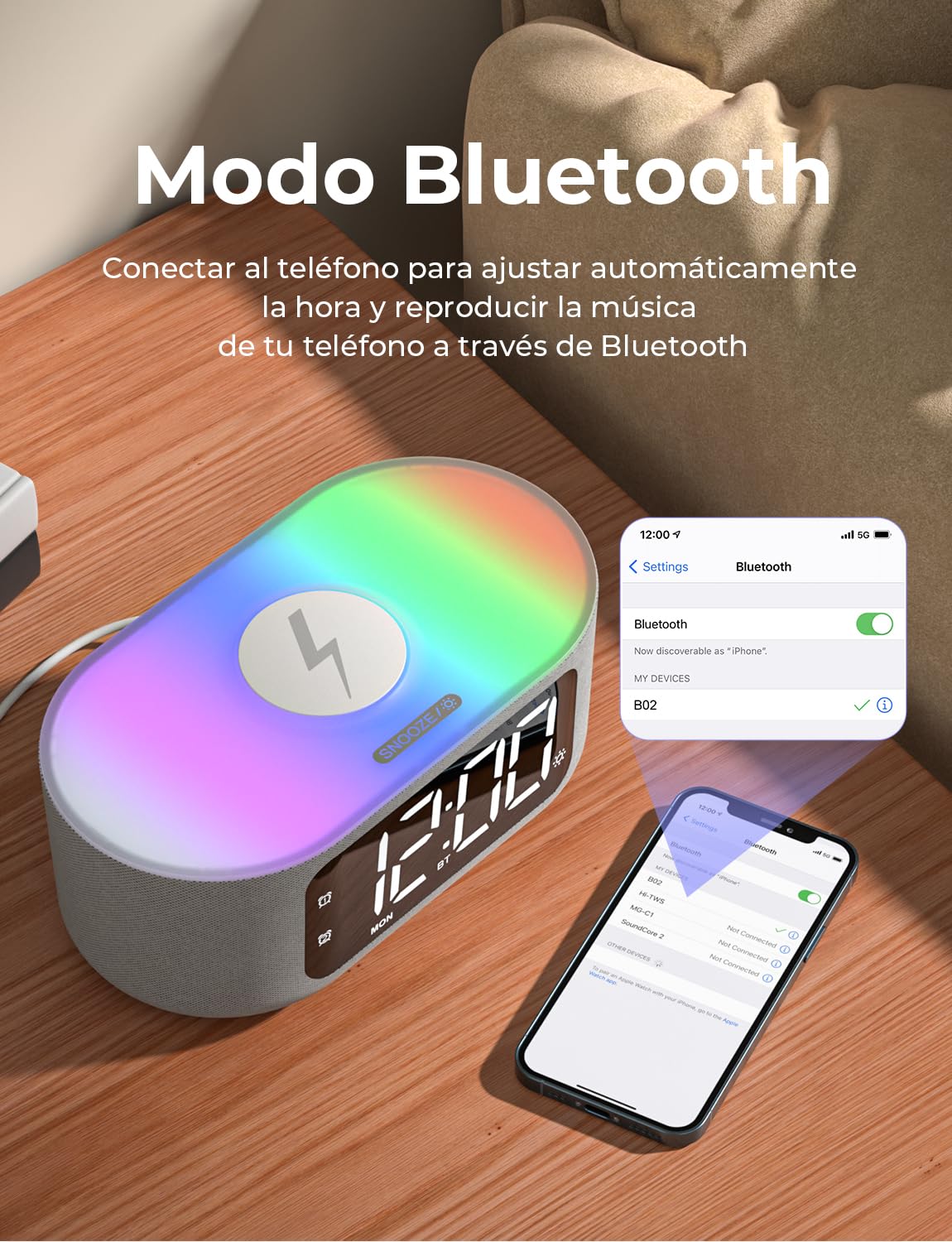 LIORQUE Radio Despertador Digital con Carga Inalámbrica 15W Qi, Reloj Despertador con Pantalla LED de Atenuación Automática, Luz Nocturna, Altavoz Bluetooth, Doble Alarma y Snooze, Modo Fin de Semana