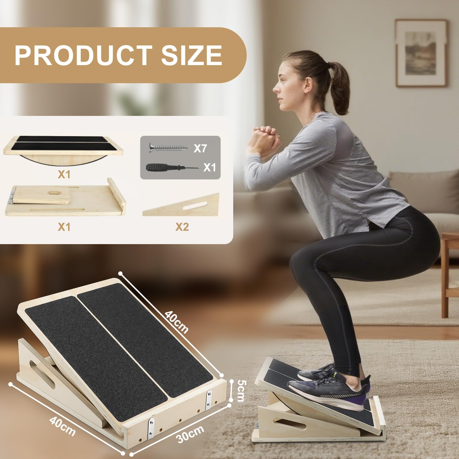 Qingning 2 en 1 Tabla de Equilibrio & Tabla Inclinada,Ajustable Profesional | Tabla de Ejercicios de Madera Fitness para Estiramientos de Pantorrillas, Tobillos, Piernas y Sentadillas