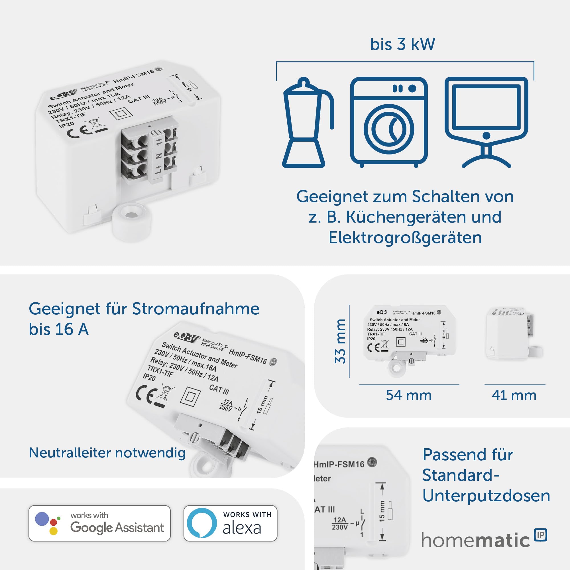 Homematic IP Smart Home Schalt-Mess-Aktor (16 A) – Unterputz, Aktor misst Strom, steuert Geräte und Leuchten per App, Alexa & Google Assistant, Energie sparen, 150239A0