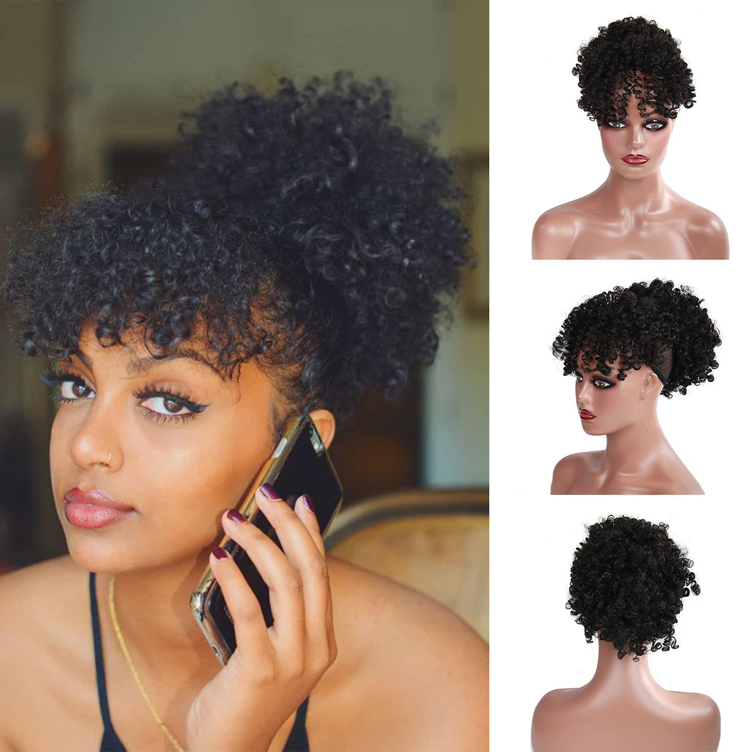 Afro Puff Drawstring Ponytail Bun with Bangs Synthetic Short Kinky Curly Ponytail Updo Hair Extensions with Two Clips Heat Resistant Natural Looking Curly Hairpieces for Women (2#)